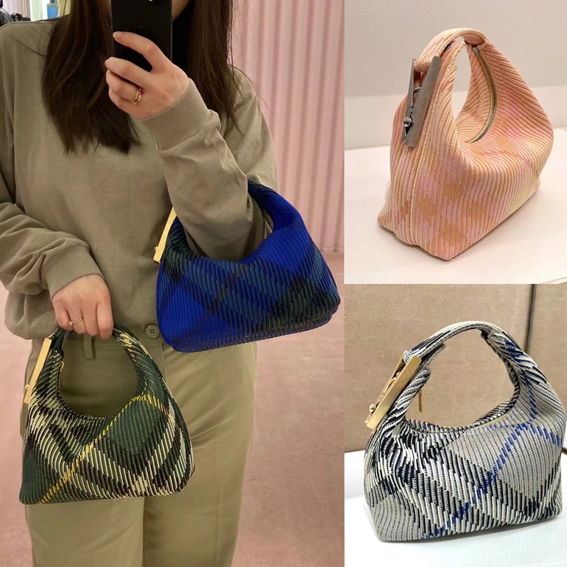 Burberry Women's Bag Top version Level Surrogate Shopping2024Summer New Clip Bag Italian Knitted Classic Plaid Self-Weight Light Imported Clothespin Style Hardware Hanging Buckle Engraved logo Women's Fashion Trendy Bags Lunch Box Bag Underarm Bag