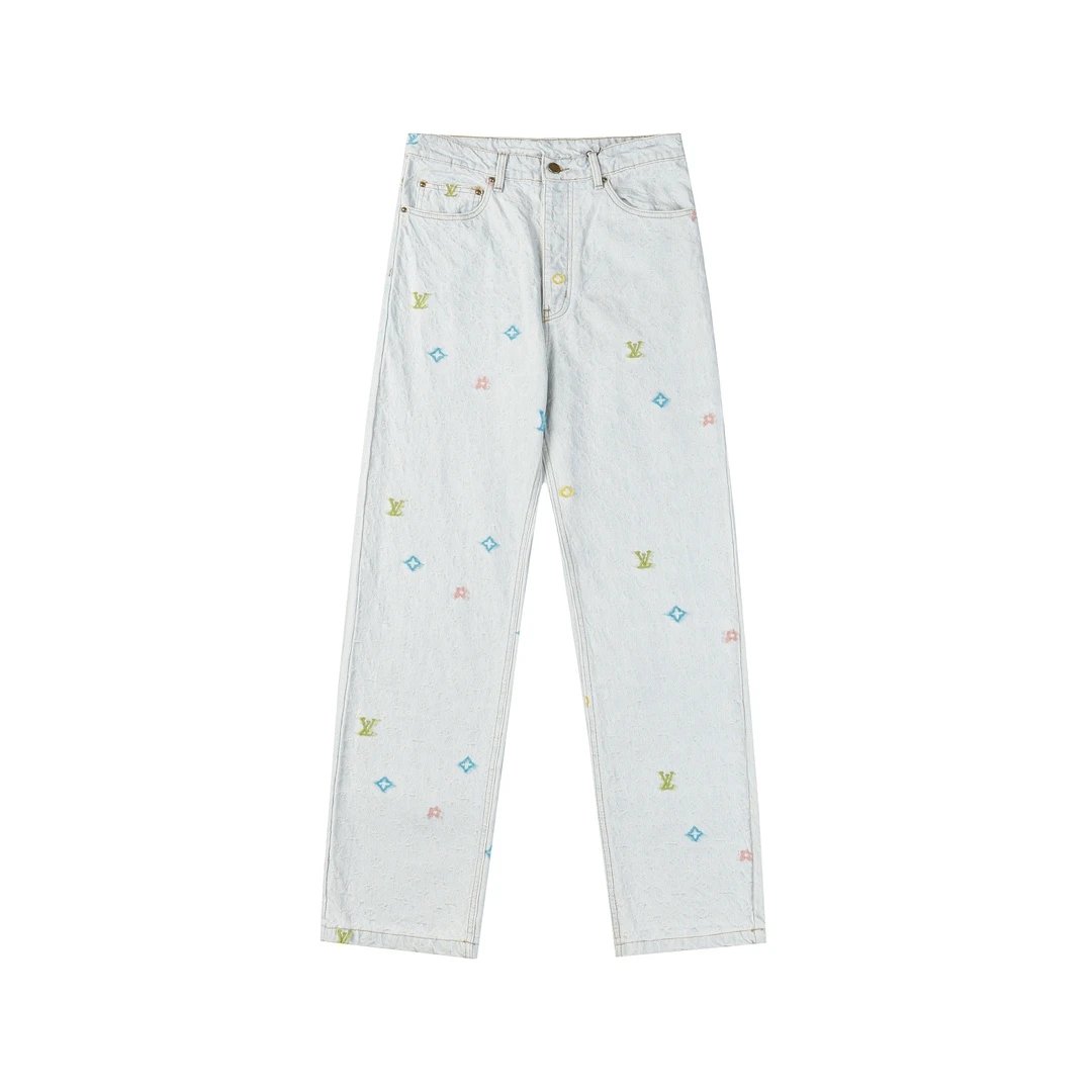 Louis Vuitton LV Jeans with Bamboo Joint sstyler Collaboration Jacquard Straight Washed Blue Jeans Autumn Winter New Unisex Loose Casual Wide Leg High Waist Pants