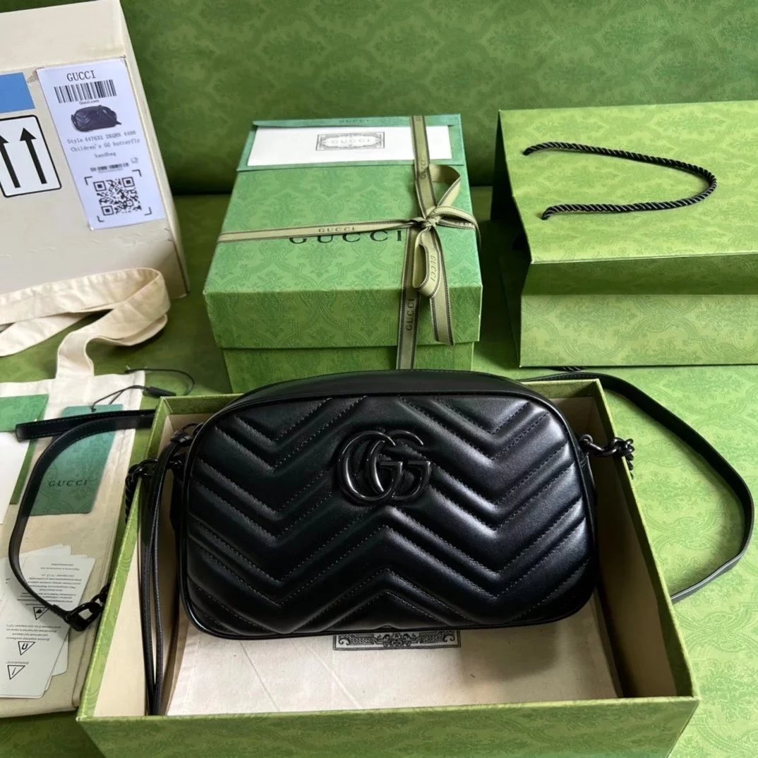 Gucci Women's Bag Top version 【 **Original Leather】Classic Ma Meng Camera Bag Marmont Series Camera Bag Crossbody Bag Large Small Size Size2023New Color Black Hardware Chain Shoulder Bag Large24cm Small Size18cm44763263493644806