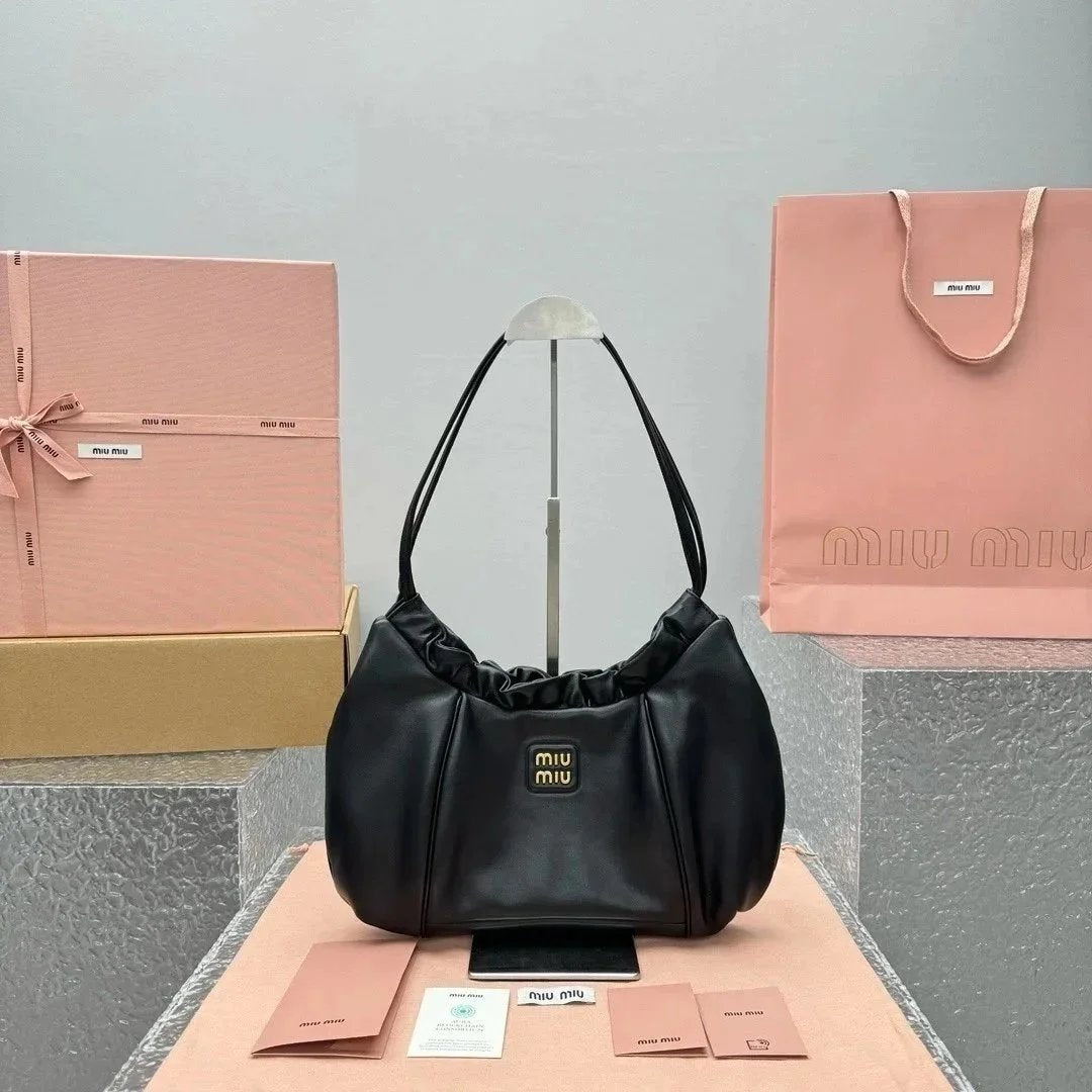 Miu Miu Bag Top version 【Super Original Leather High Version】24Autumn and Winter New Limited Cloud Bag Underarm Bag hobo Bag Backpack Pocket Pleated Calfskin Handbag No. Women's Bag:5614