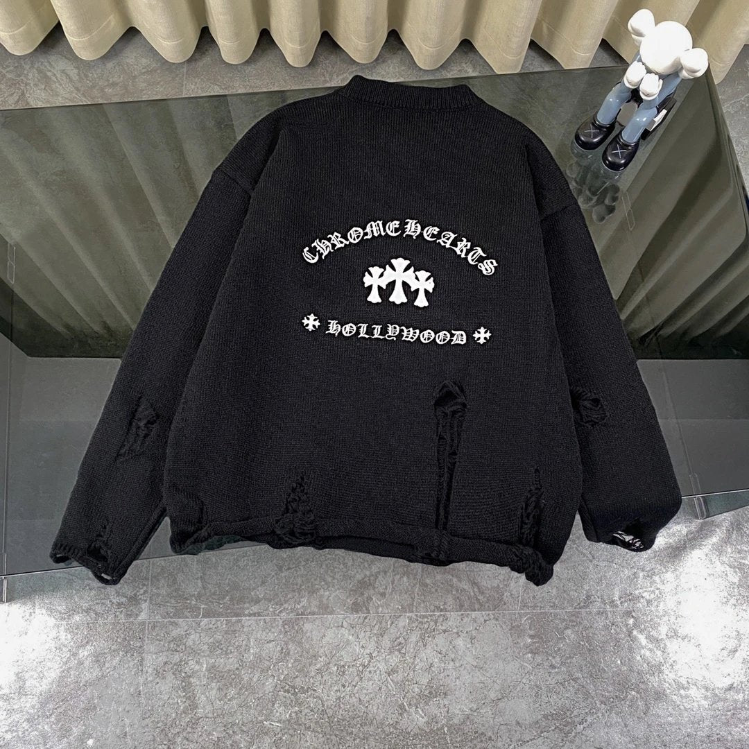 Chrome Hearts Sweater Patchwork Distressed Knit Crew Neck Sweater Long Sleeve Pullover Thickened Lazy Style OS Loose Fit Knit Jacket Unisex Casual Wearable Inside and Outside Versatile
