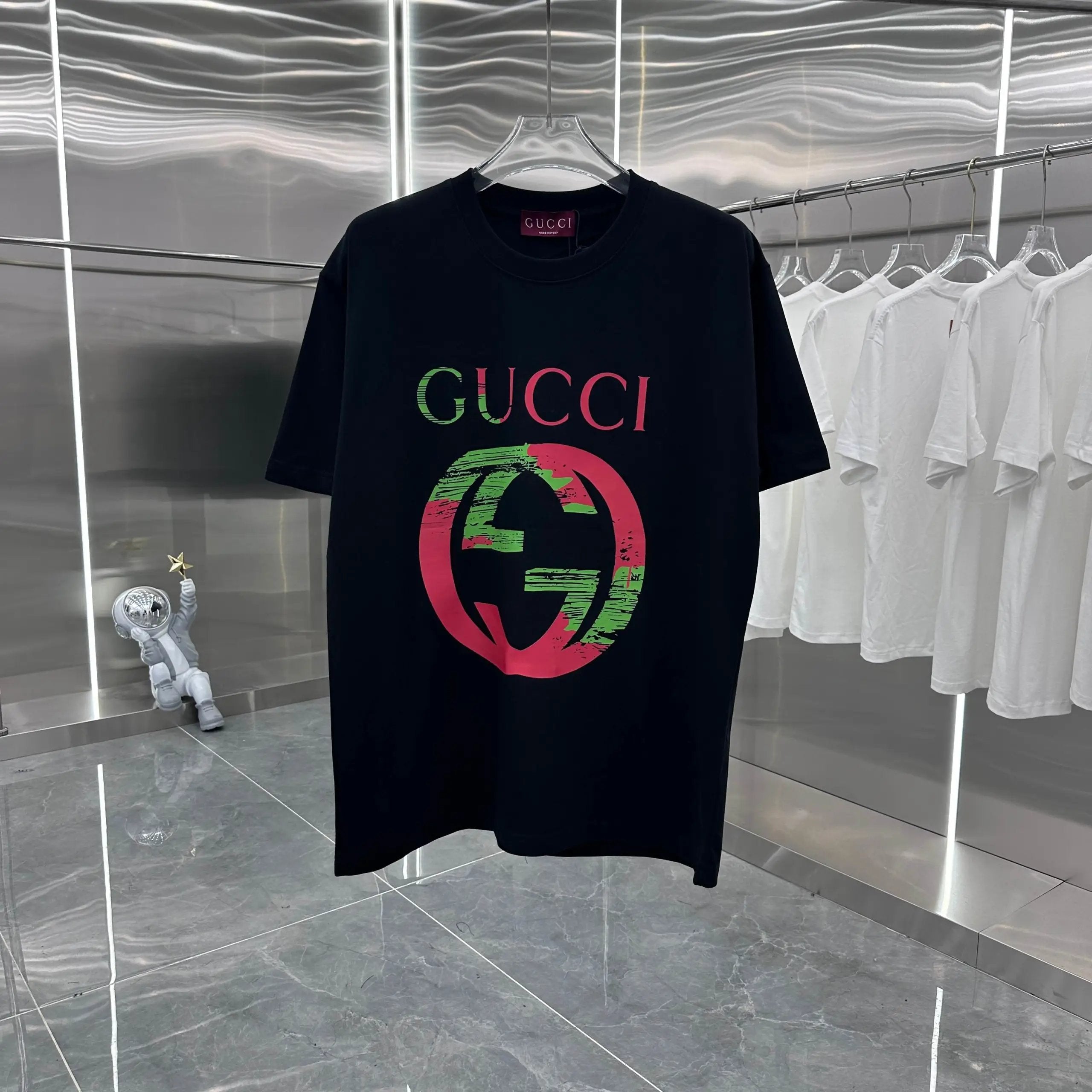 Gucci T-shirt Double-breasted G Printed round Neck Short Sleeve25ss New Pure Cotton Unisex Style T Casual T-Shirt Base Layer Shirt OS Loose Fit Half Sleeve Top Plus Size