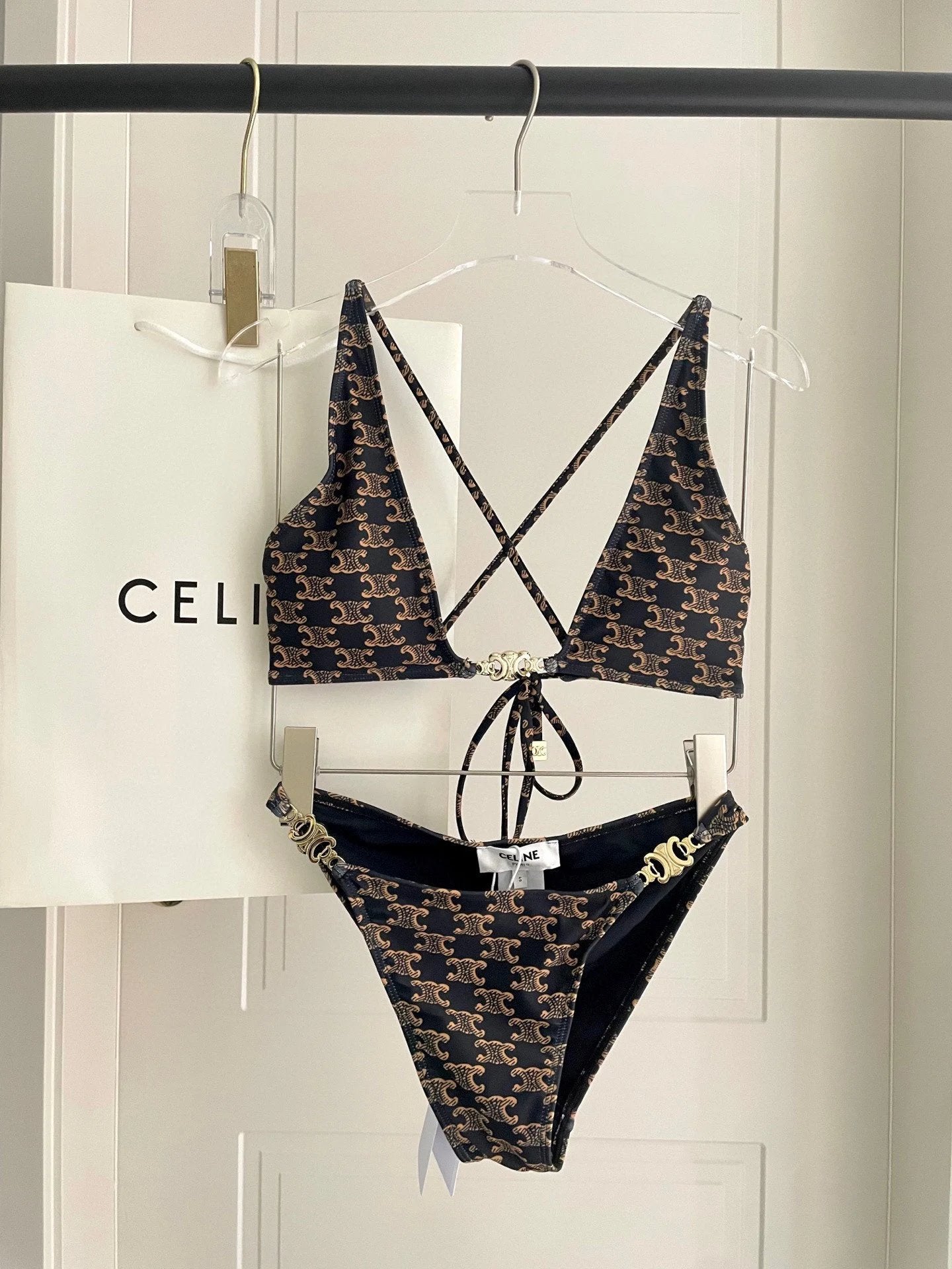 Celine Swimsuit Full Print Jacquard Bikini Two-Piece Swimsuit Sexy Small Chest Gathered Beach Pool Vacation Hot Spring Backless White Women's Swimwear