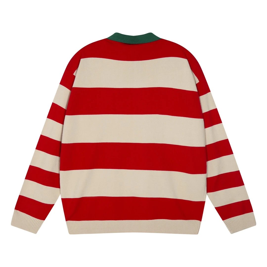 Gucci Sweater Stripes Polo Collar Turn-down Collar Round Neck Sweater Knitwear Long Sleeve Thickened Lazy Style Unisex Loose Knit Top Coat Versatile Casual Wearable Inside and Outside