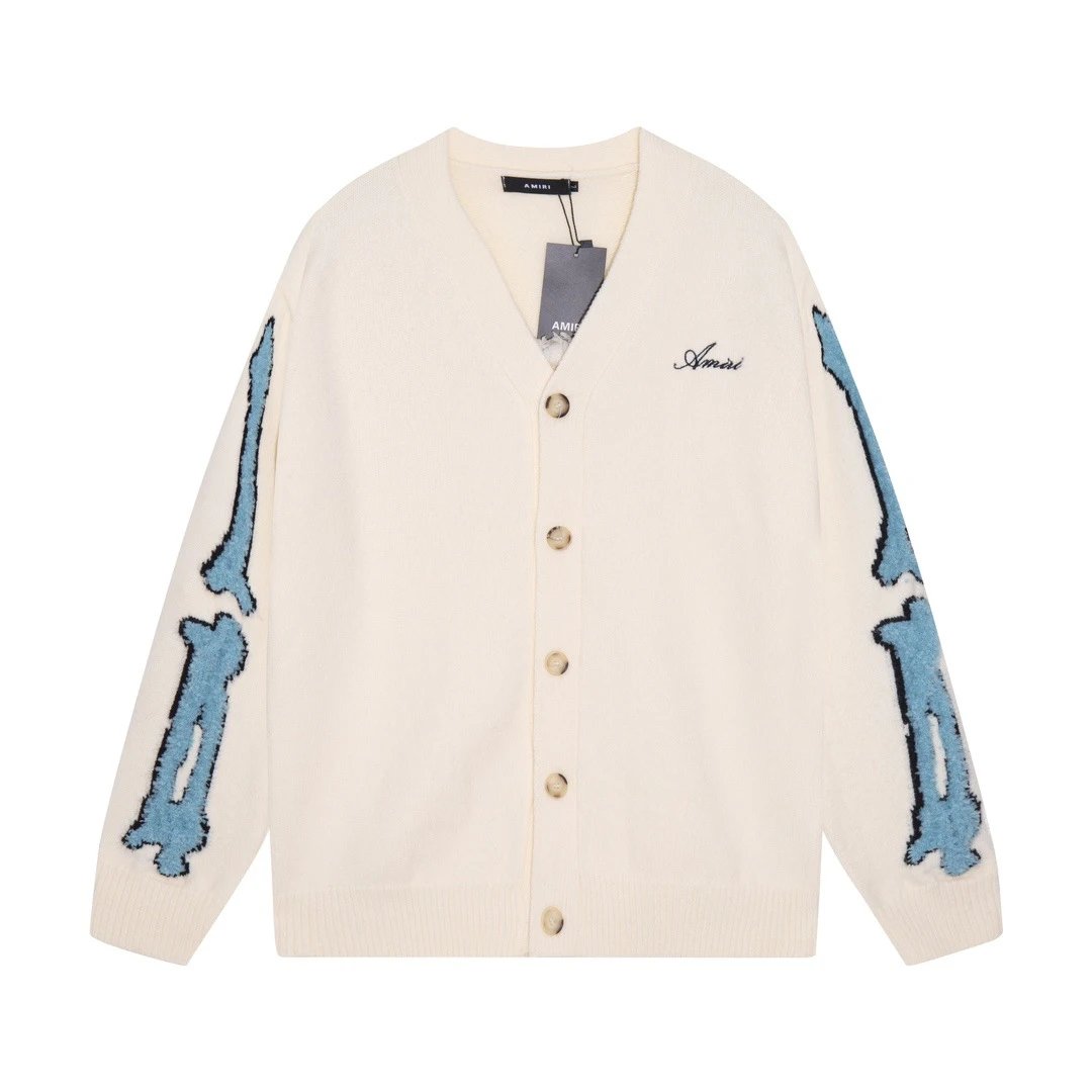 Amiri Sweater 2024Autumn and Winter New Letters Logo Jacquard Tassels Destroy Holes V Collar sweater