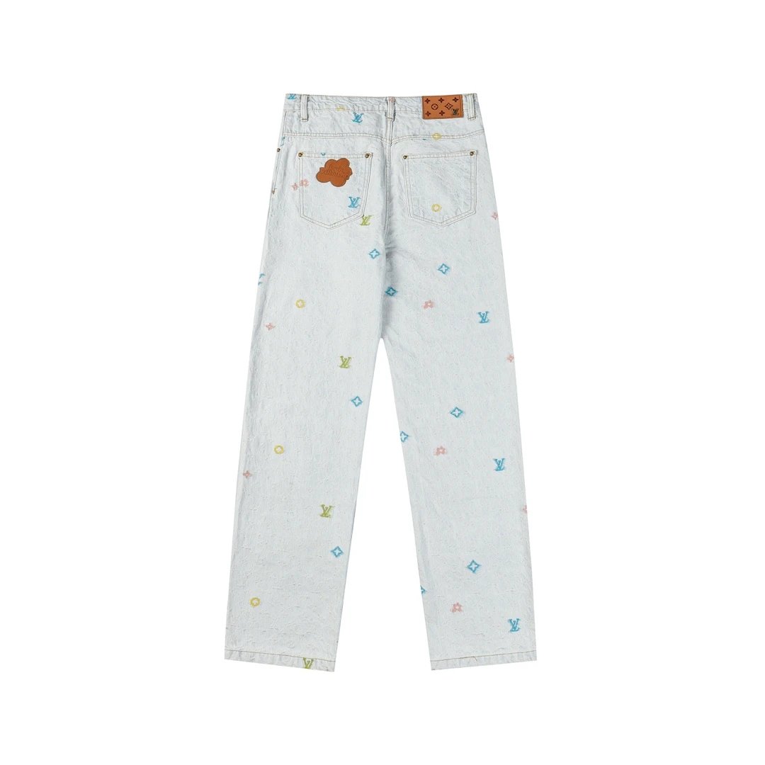 Louis Vuitton LV Jeans with Bamboo Joint sstyler Collaboration Jacquard Straight Washed Blue Jeans Autumn Winter New Unisex Loose Casual Wide Leg High Waist Pants