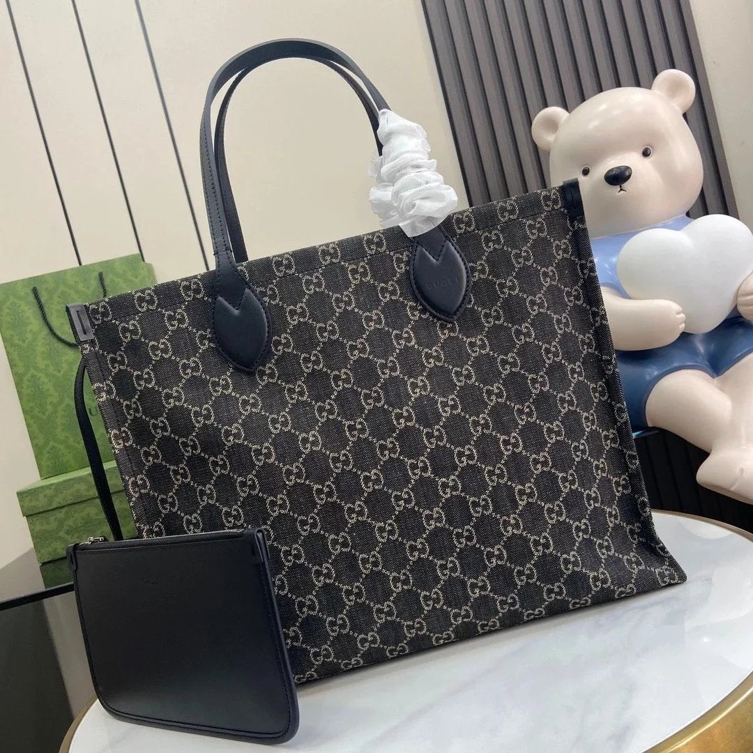 Gucci Women's Bag Top version 【**Original Leather Version】2024Early Spring New Medium Tote Bag Ophidia Black Denim Denim Tote Bag with Coin Purse Son Mother Tote New Tote Model:772184,772183