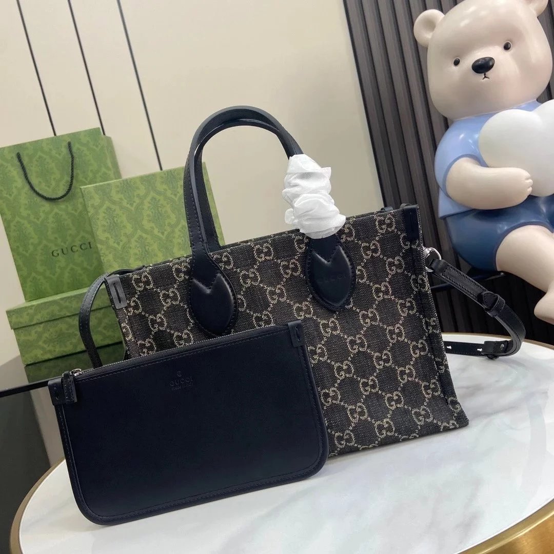 Gucci Women's Bag Top version 【**Original Leather Version】2024Early Spring New Medium Tote Bag Ophidia Black Denim Denim Tote Bag with Coin Purse Son Mother Tote New Tote Model:772184,772183