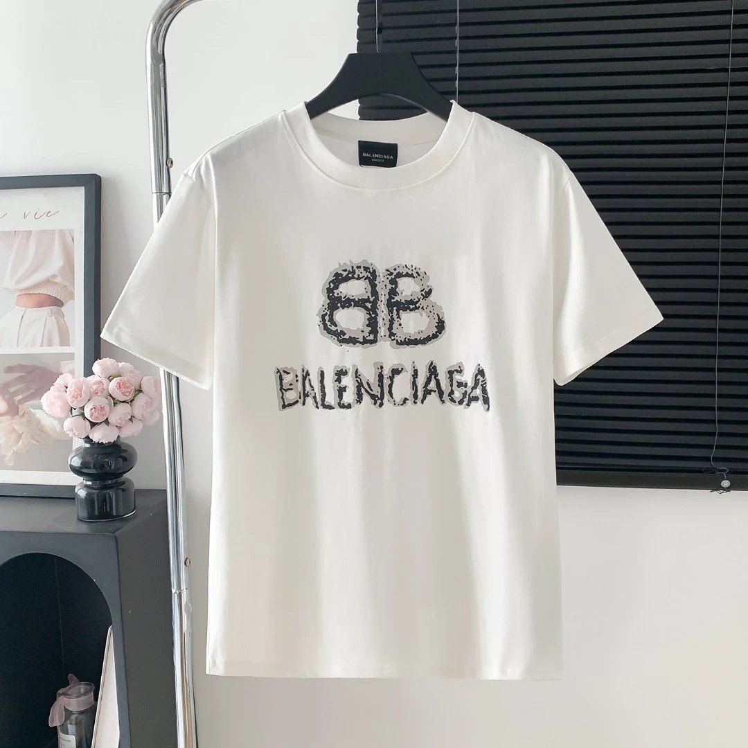 Balenciaga T-shirt Double-breasted B Letter Printing Logo Logo Crew Neck Short Sleeve25ss New Pure Cotton Unisex Style T T-shirt OS Loose Fit Base Shirt Top Half Sleeve T-Shirt