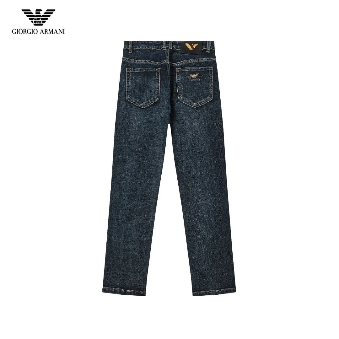 Armani Jeans Back Waist Leather Tag logo Straight Washed Blue Jeans Autumn Winter New Unisex Loose Casual Wide Leg High Waist Pants