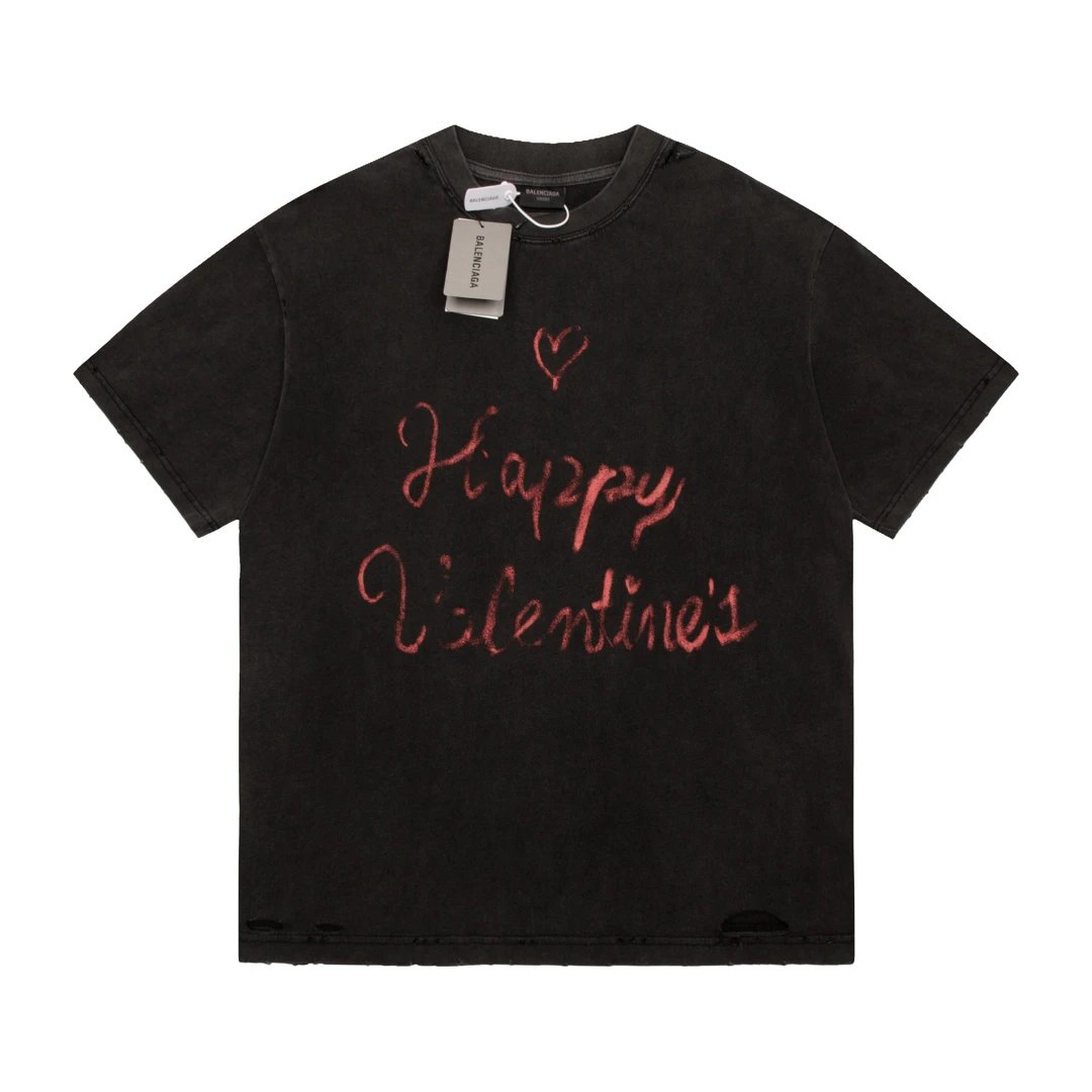 Balenciaga T-shirt Valentine's Day Limited Edition Frayed Crew Neck Short Sleeve25ss New pure cotton T Unisex T-Shirt OS Drop Shoulder Style Base Shirt Top T-Shirt Half Sleeve