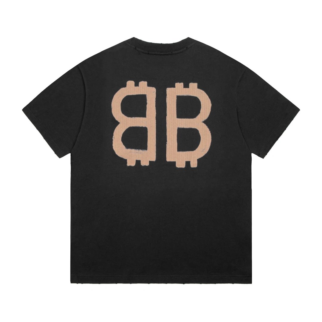 Balenciaga T-shirt Double-breasted B Printed Distressed Crew Neck Short Sleeve25ss New pure cotton T Unisex T-Shirt OS Drop Shoulder Style Base Shirt Top T-Shirt Half Sleeve