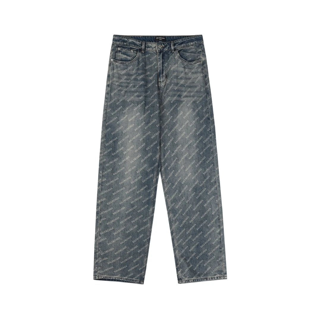 Balenciaga Jeans Letter Print Full Print Jeans Casual Straight Pants High Waist Pants Unisex Long Pants24ss Autumn and Winter New Products