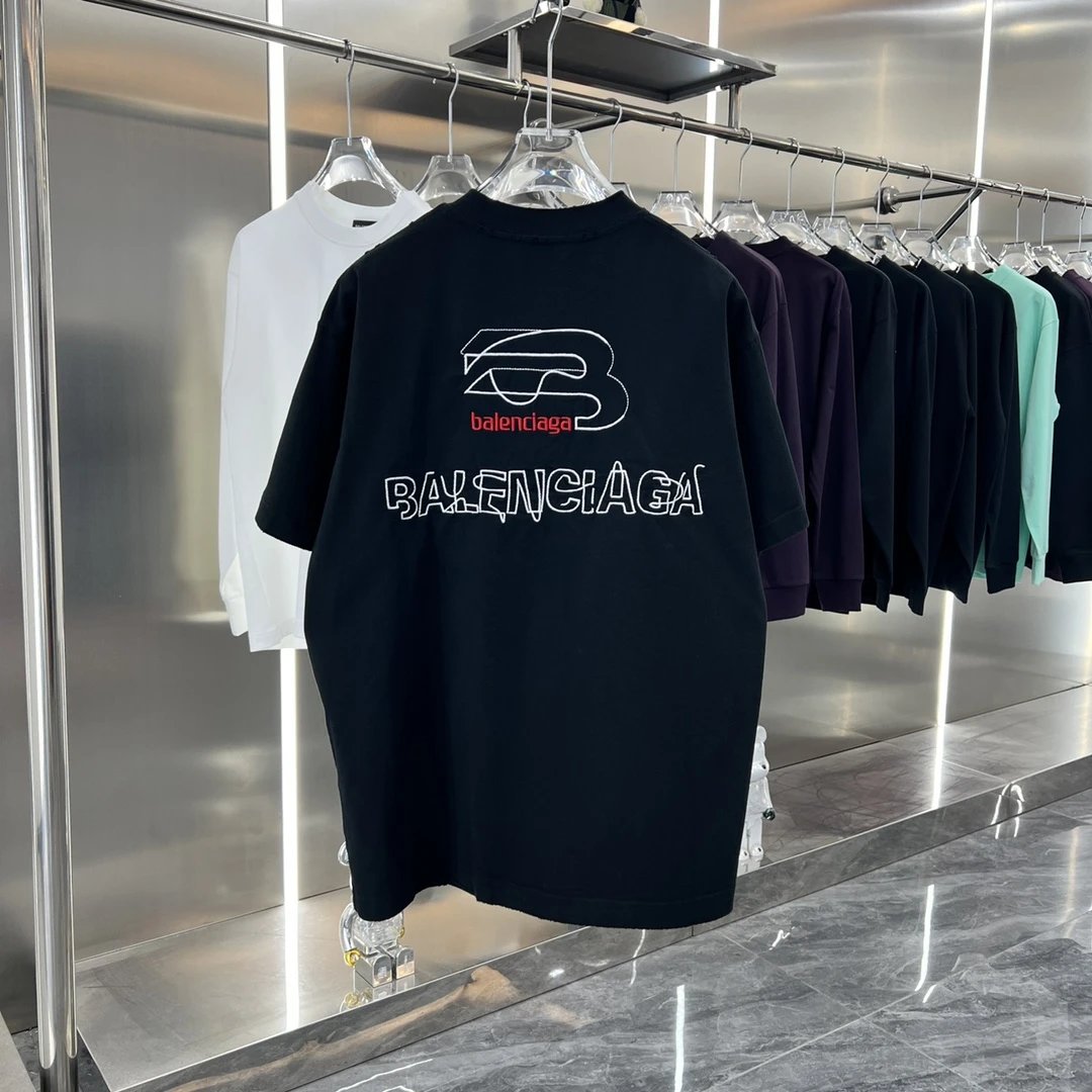 Balenciaga T-shirt Washed Distressed Embroidered logo Round Neck Short Sleeve Pure Cotton Unisex T Shirt Bottoming Shirt OS Loose Fit T-Shirt