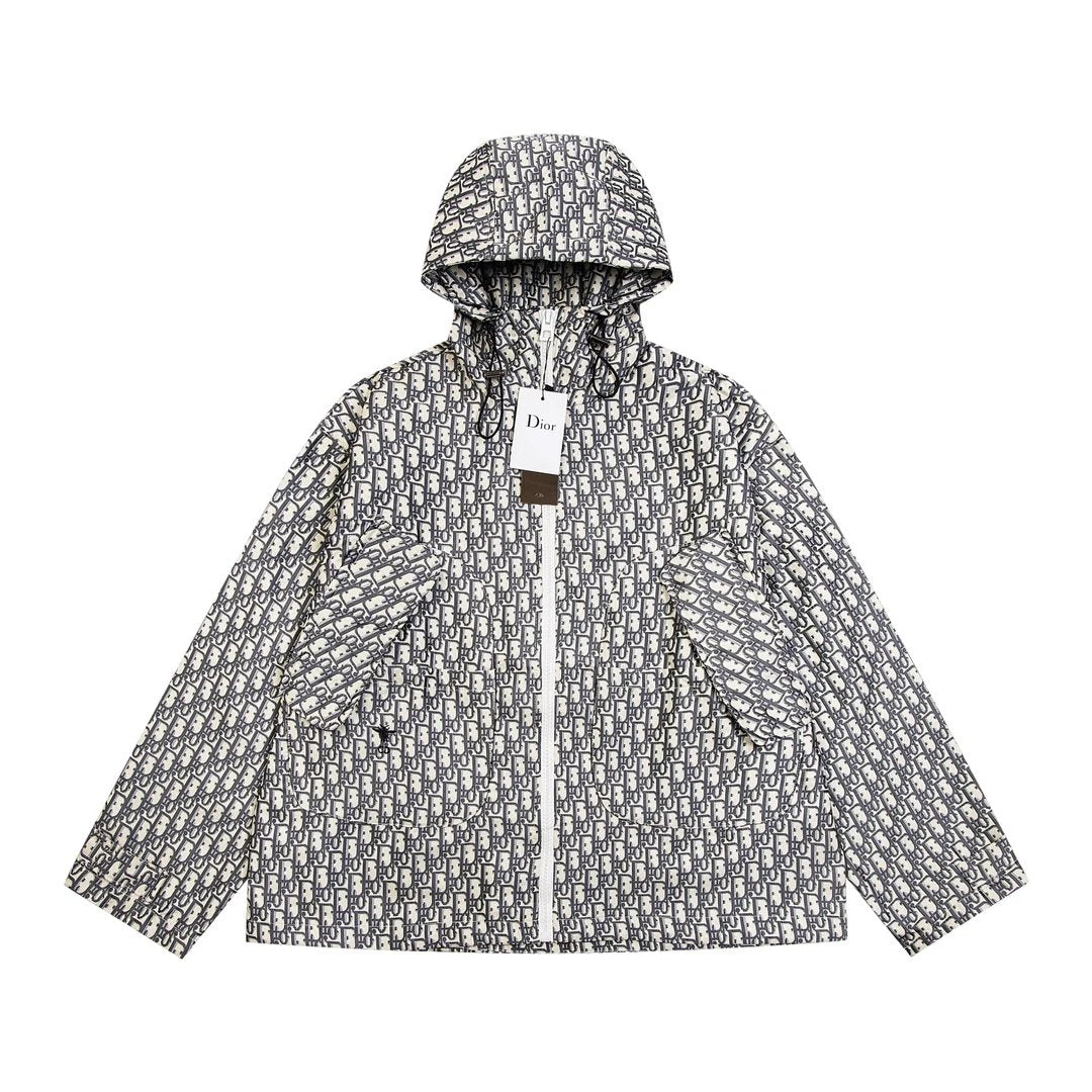 Dior Jackets Presbyopic Printed Canvas Denim Jacquard Hooded Jacket Casual Loose Hoodie Zipper Cardigan Os Unisex Style24ss Autumn and Winter New Products