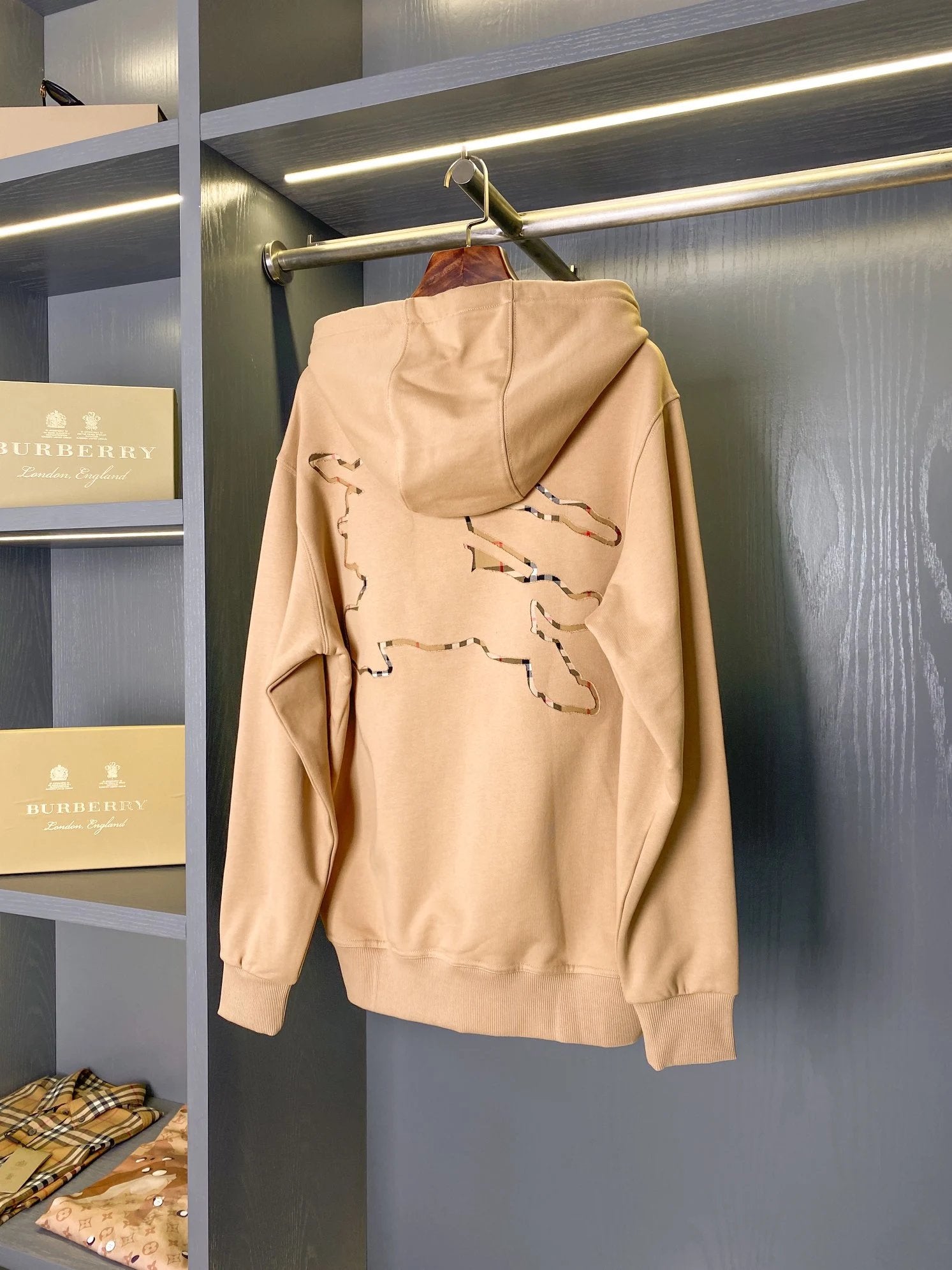 Burberry Hoodie Back Hollow Plaid Equestrian Knight Cotton Hoodie Unisex Jacket Versatile Casual
