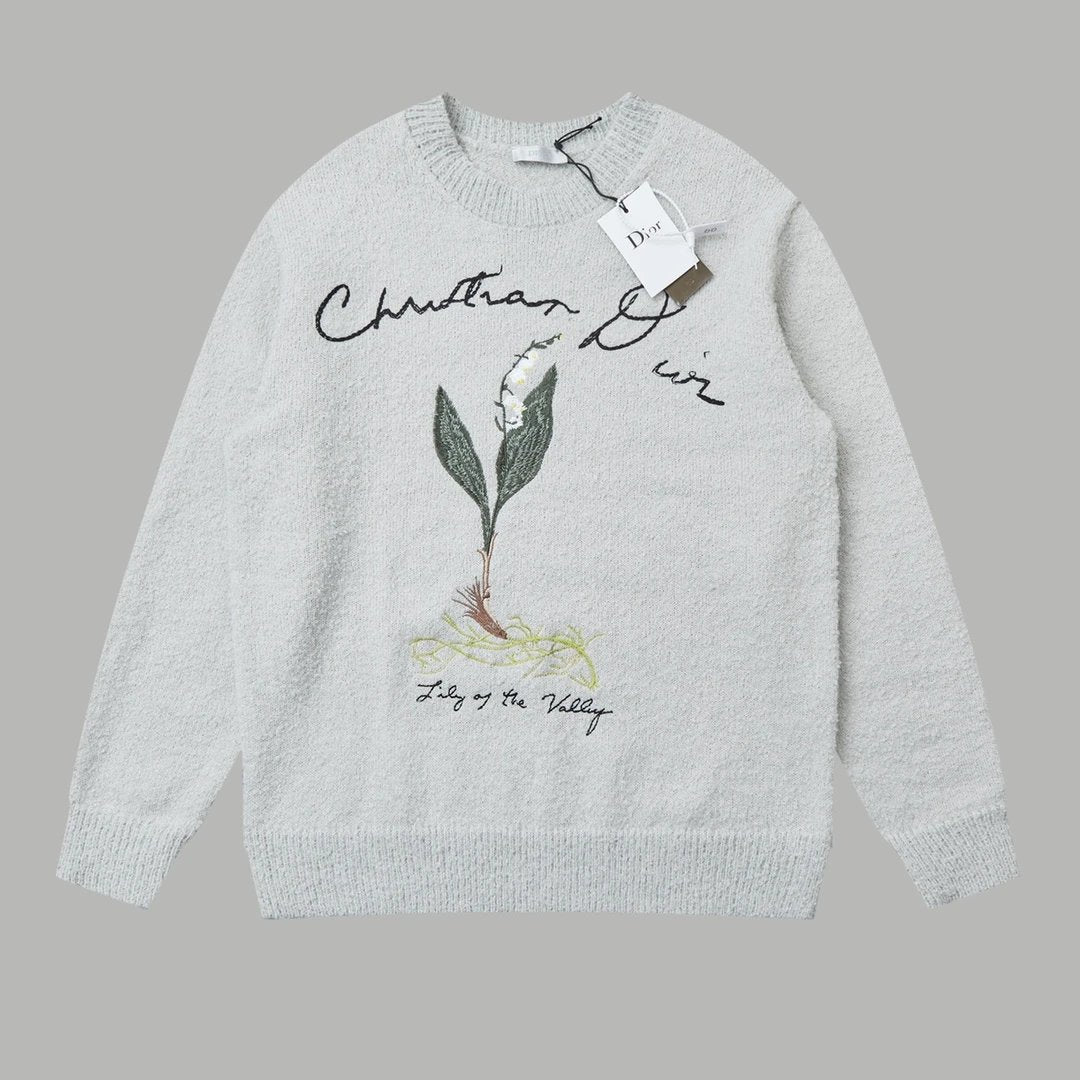 Dior Sweater Lily of the Valley Flower Embroidery Crewneck Sweatshirt Sweater Casual Loose Pullover Thickened Warm Inner Knitwear Unisex24ss Autumn and Winter New Products