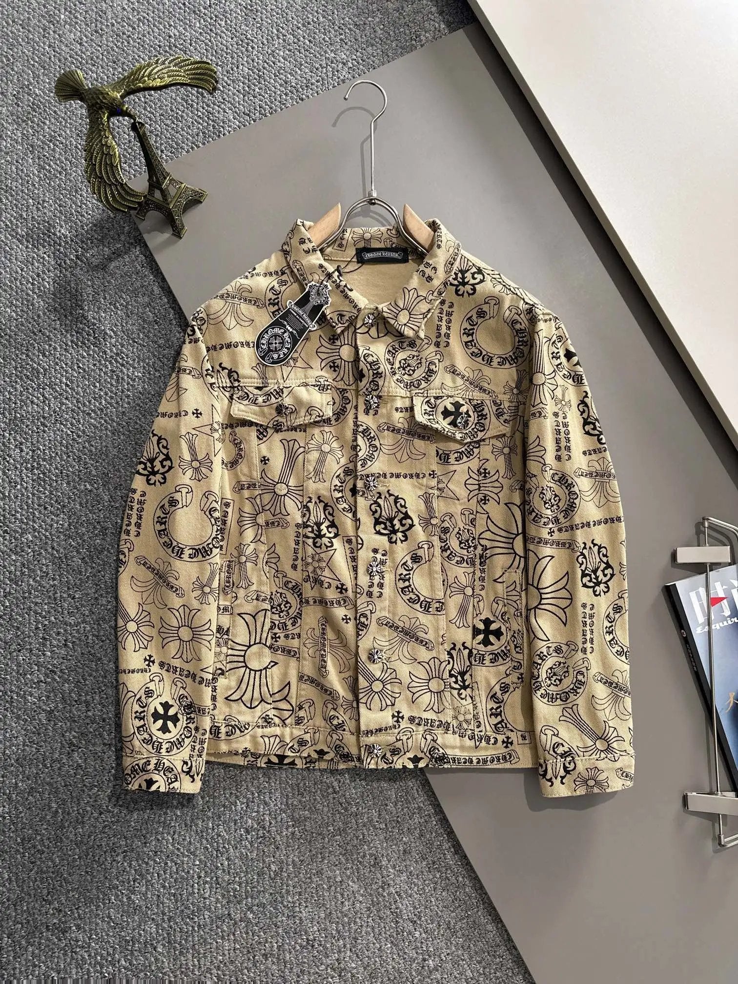 Chrome Hearts Jeans Cross Full Print logo Denim Jacket Fashion Simple Heavy Casual Short Denim Unisex Washed Vintage Turn-down Collar Jacket