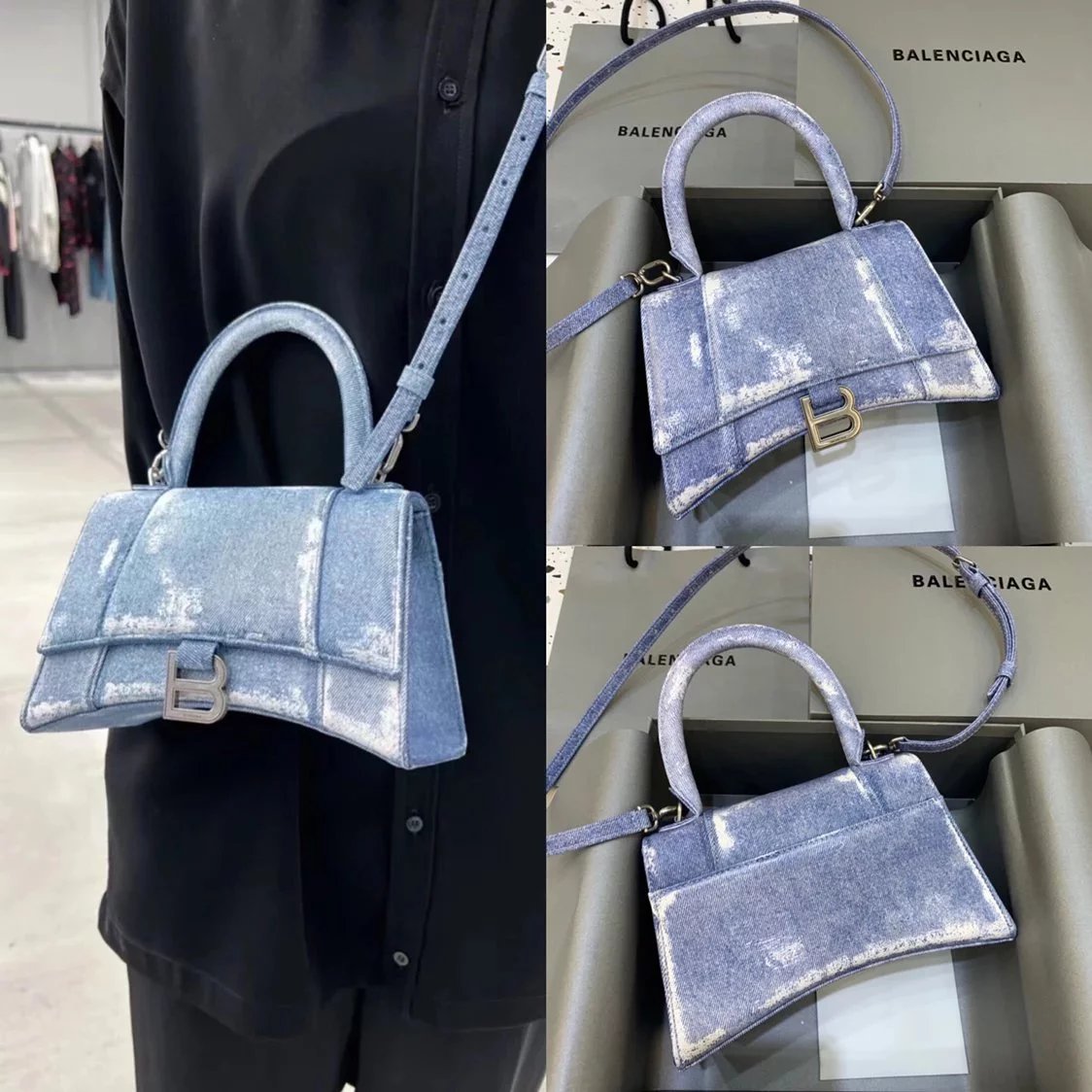 Balenciaga Bag Top version 【**Surrogate Shopping Edition】2022New Hourglass Hourglass Bag Graffiti Denim Inner Sheepskin Leather Women's Bag Shoulder Handbag Messenger Bag Denim Hourglass Bag