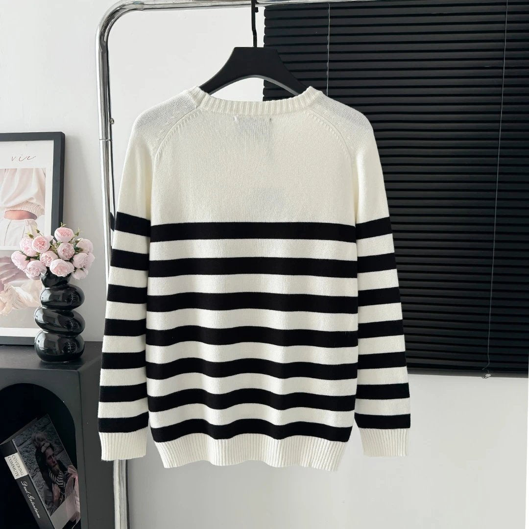 Gucci Sweater Black and White Striped Crew Neck Sweater25ss Spring New Thickened Long Sleeve Pullover Unisex OS Loose Fit Top Versatile Casual Jacket Lazy Style