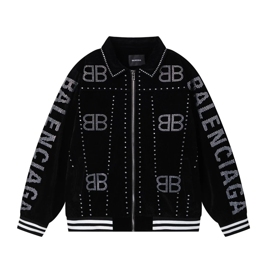 Balenciaga Jackets Double B Whole Body logo Rhinestone Baseball Jacket Coat Unisex Autumn Winter New Thick Versatile