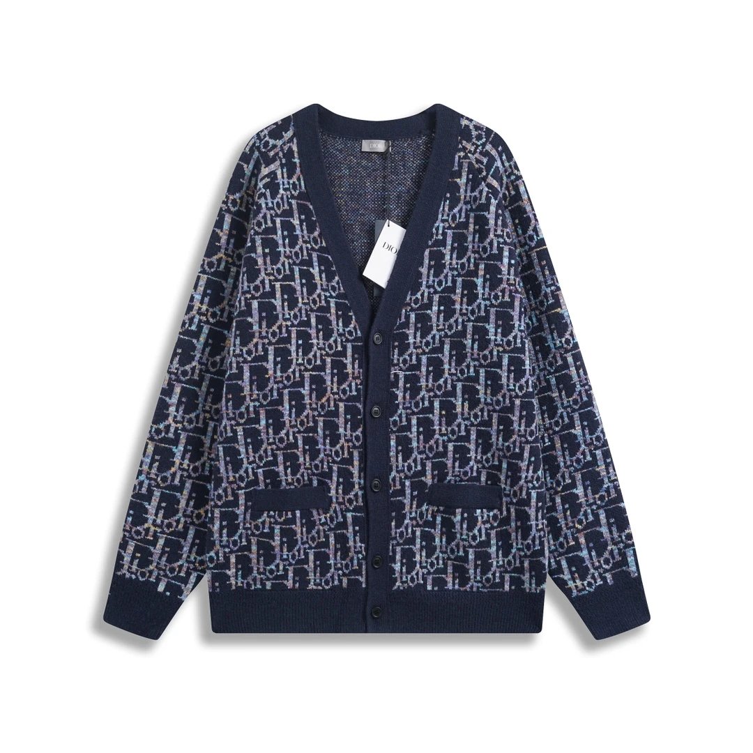 Dior Jackets Sheep Wool Jacquard Fabric Oblique Printed Cardigan Unisex Outerwear Long Sleeve Soft Lazy Style OS Loose Fit Thickened Jacket for Versatile Casual Wear