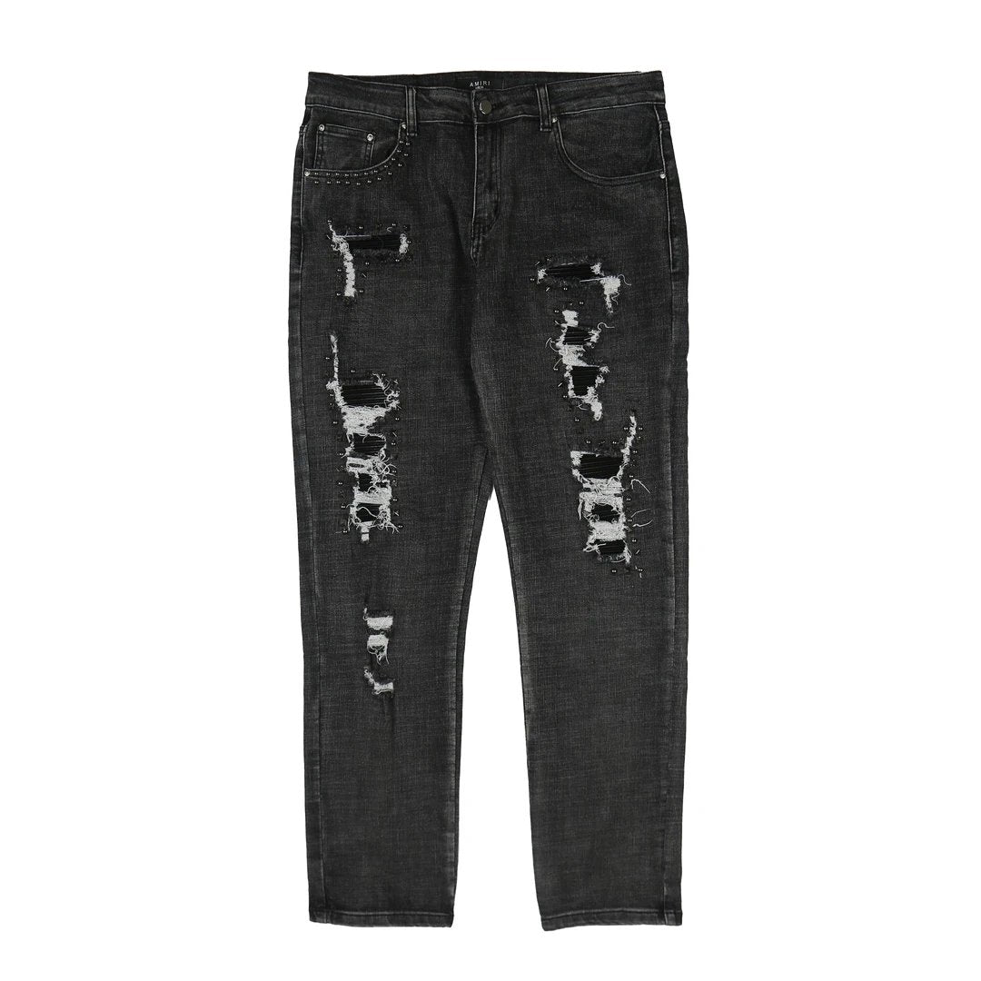 Amiri Jeans 24ss Studded Hot-Selling High Street Jeans Slim Fit Stretch Washed Ripped Long Pants Unisex High Street