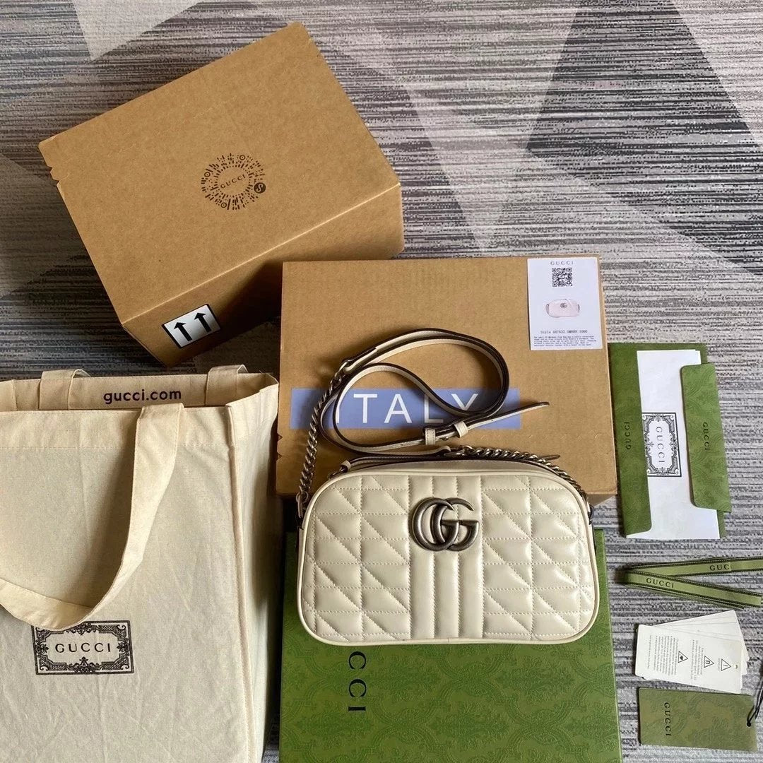 Gucci Women's Bag Top version 【 **Original Leather】Classic Ma Meng Camera Bag Marmont Series Camera Bag Crossbody Bag Large Small Size Size2023New Color Black Hardware Chain Shoulder Bag Large24cm Small Size18cm44763263493644806