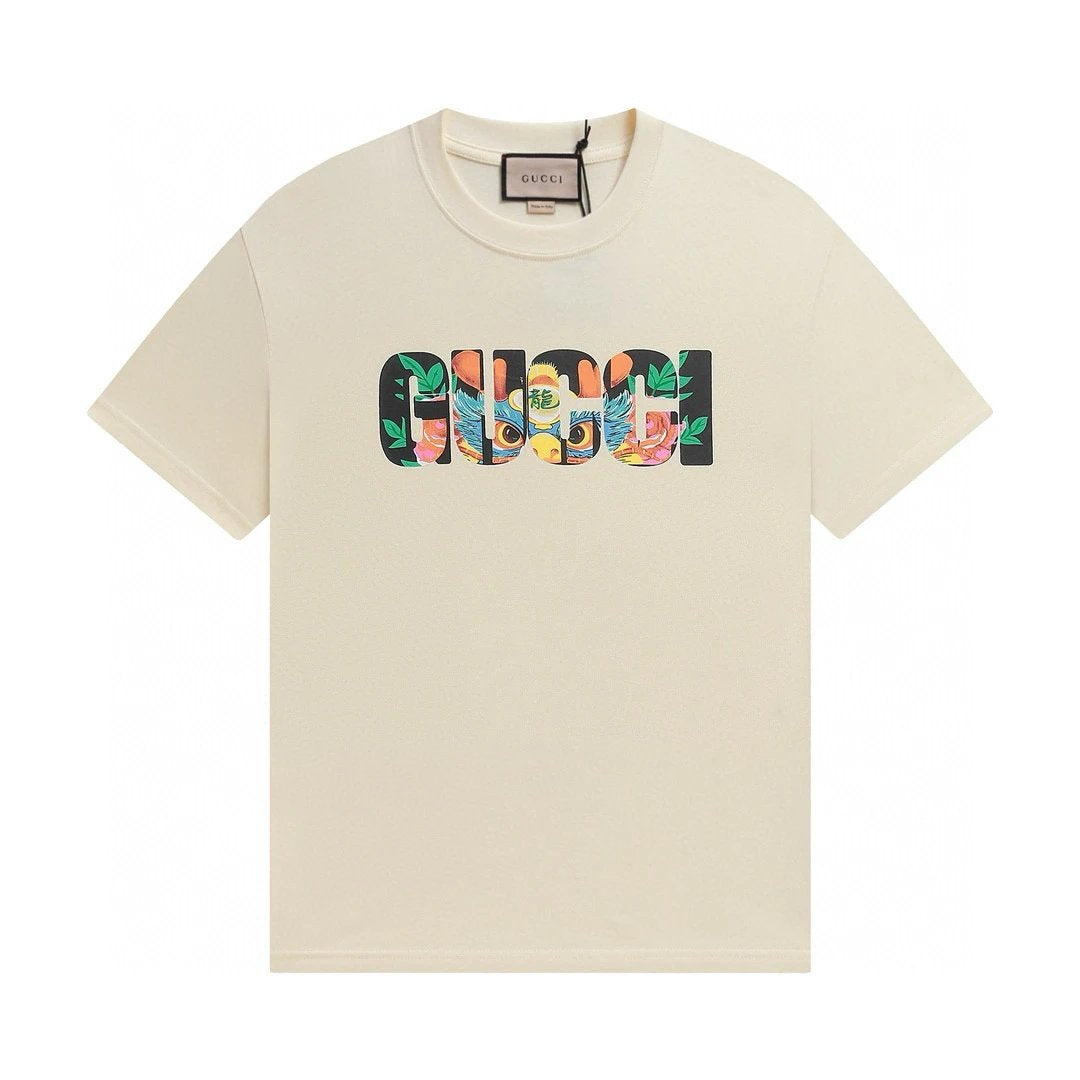 Gucci T-shirt Chest Letter Dragon Head Overlapping Print logo round Neck Short Sleeve25ss New Pure Cotton Unisex Style T Casual T-Shirt Base Layer Shirt OS Loose Fit Half Sleeve Top Plus Size