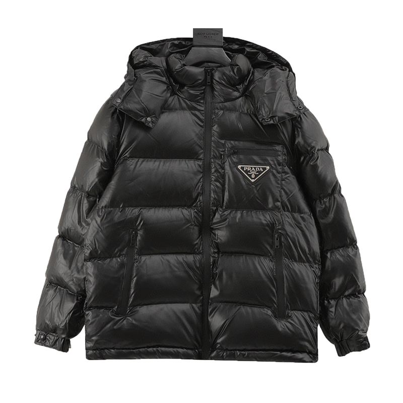 PRADA Down jacket Classic Triangle Mark Hat Removable down Jacket Men and Women Same Style