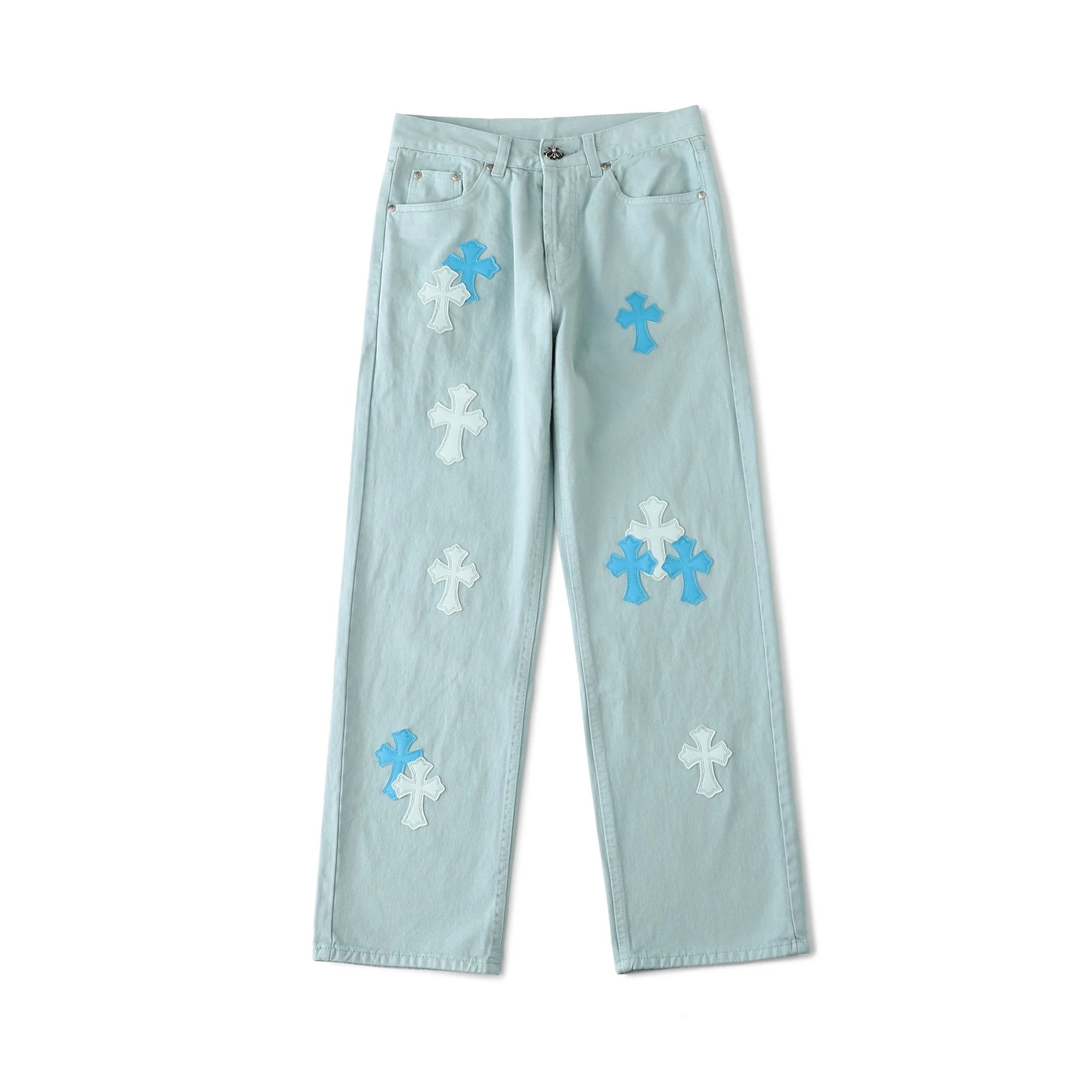 Chrome Hearts Jeans Front and back patch embellishments logo25ss Spring Summer New Straight Loose Slim Fit Jeans Unisex Long Pants