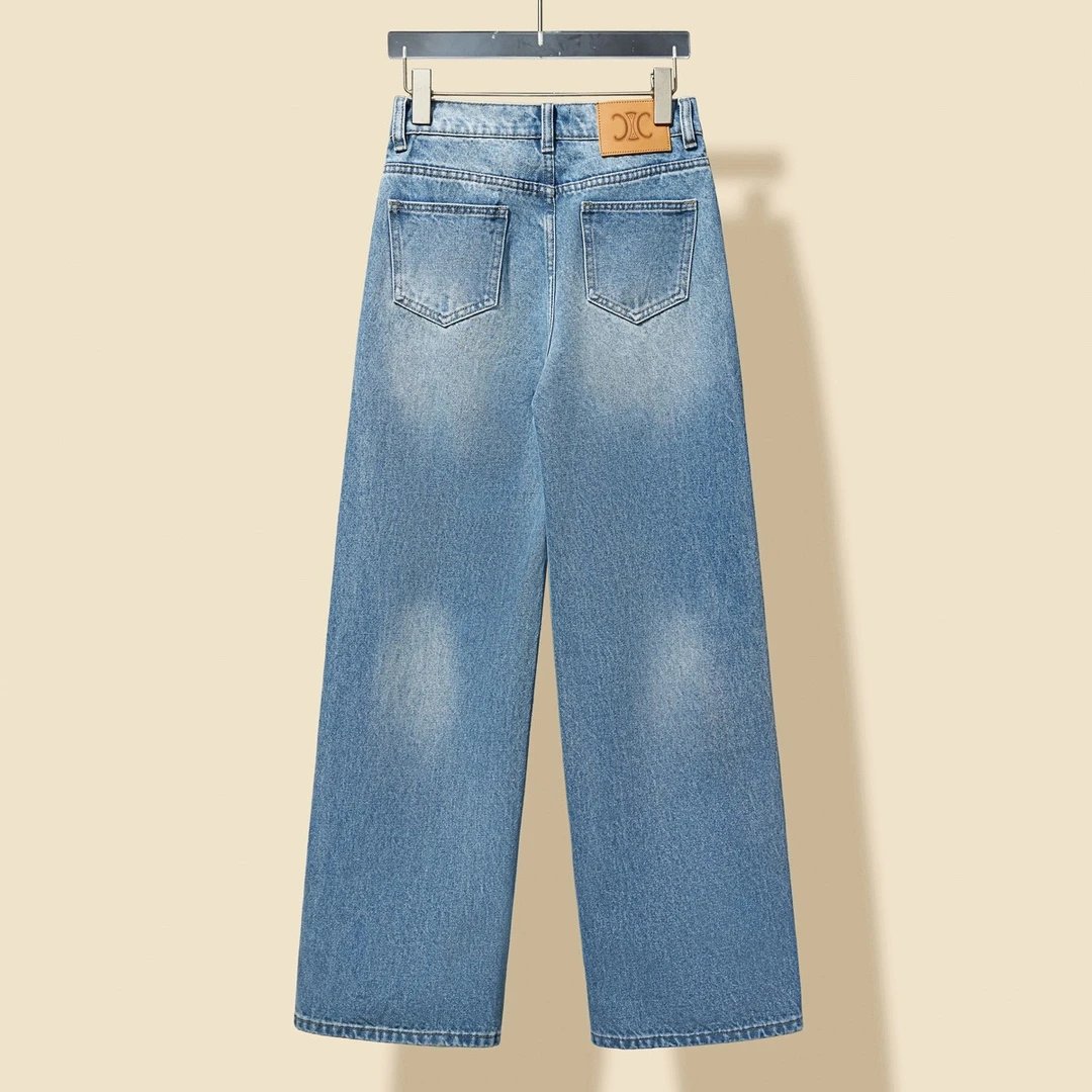 Celine Jeans Classic Gradient Fleece-Lined Jeans Washed Long Pants Women Versatile Casual