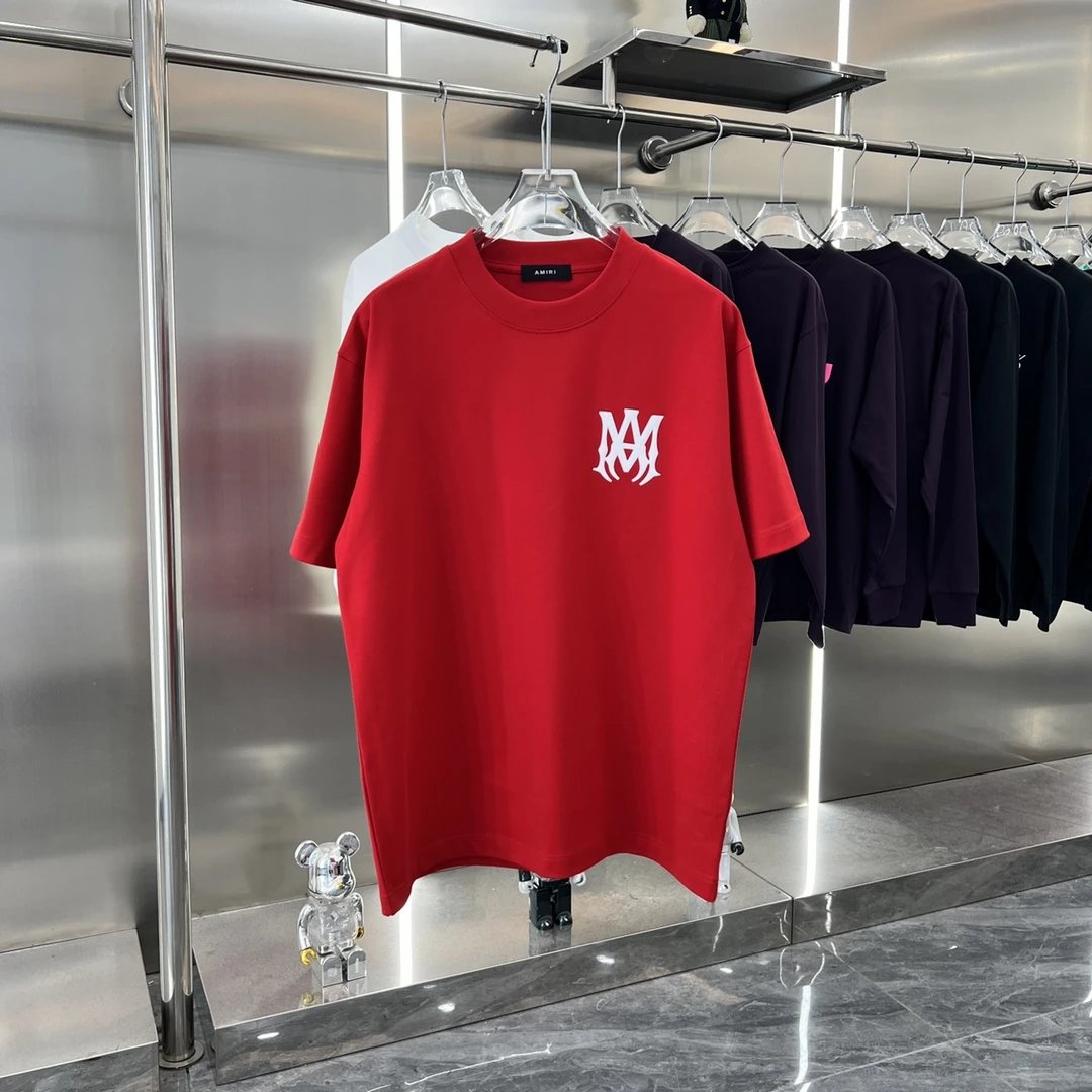 Amiri T-shirt Printing logo Round Neck Short Sleeve Pure Cotton Unisex T Shirt Bottoming Shirt OS Loose Fit T-Shirt