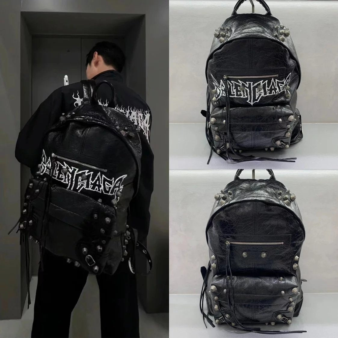 Balenciaga Bag Top version 【Ceiling Grade Original Leather Cabinet Version】24New Graffiti Studded Backpack Men's Backpack Hiking Backpack Men's Backpack New Rivets Motorcycle Backpack Motorcycle Backpack Motorcycle Bag Men