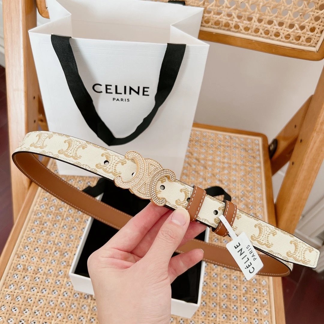Celine Belt Top version Original Order in Stock Classic Triumph Door Latch Women's Belt Italy Imported Double-Sided Calfskin Retro Bright Gold Brass Buckle Belt Women's Width2.5Belt Female Women's Belt