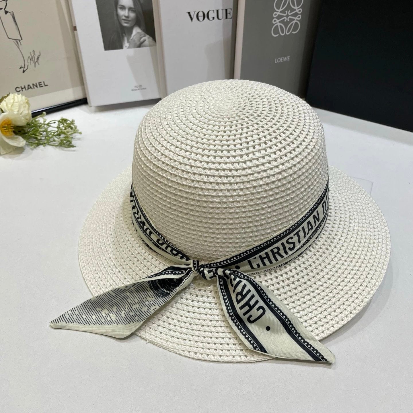 Dior Hat Bow logo Fisherman Hat Straw Hat Casual Sun Protection Plain Face Covering Sunshade Outdoor UV Protection Versatile Flat Top Bucket Hat