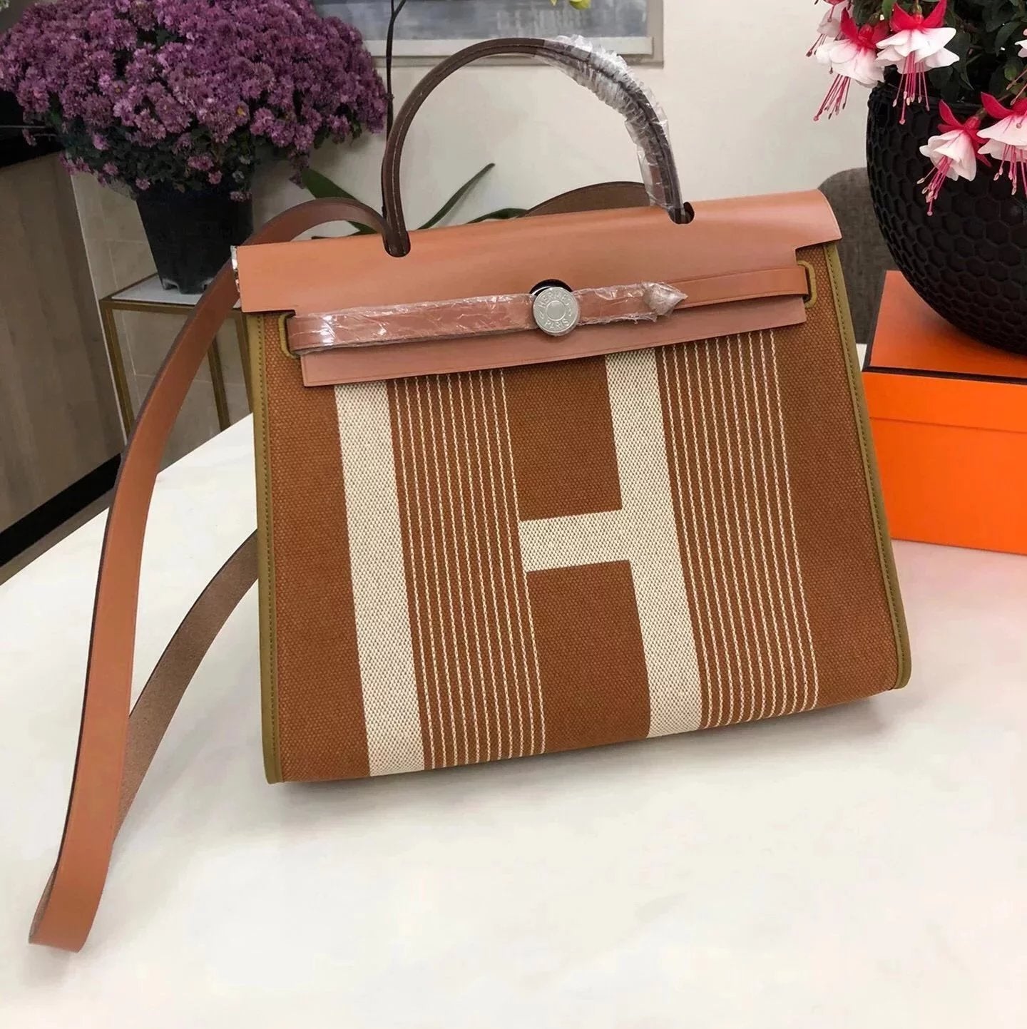 Hermes men's bag Top version 【H Handmade】Canvas Bag herbag31Canvas Stitching Leather One Shoulder Women's Crossbody Handbag Elephant Gray Electric Light Blue