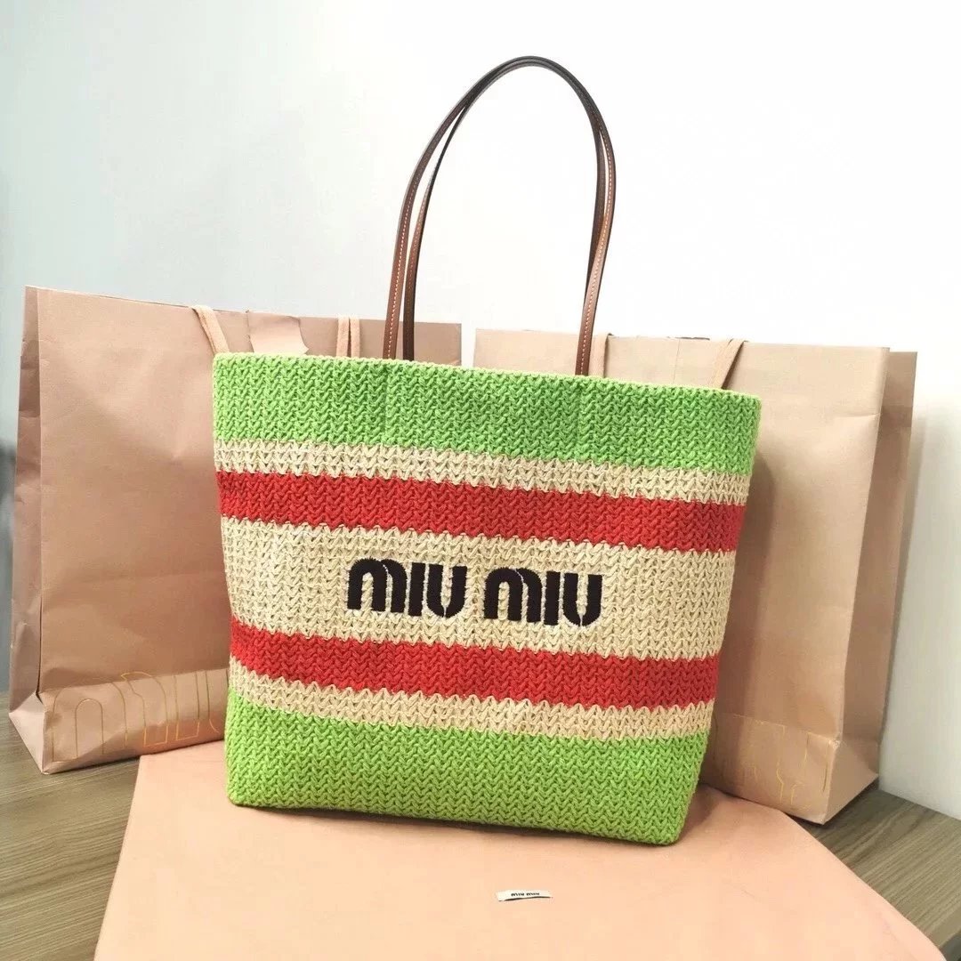 Miu Miu Bag Top version 【Original Custom】New Product Import Lafite Straw Woven Cotton Woven Tote Bag Beach Bag Shopping Bag Mother Bag Woven Bag5BG228The Only Pair of Quality Front Iconic Embroidery in the Market,Extra Light Capacity Super Large Mummy Bag