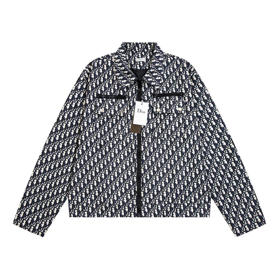 Dior Jackets Presbyopic Printed Canvas Denim Jacquard Lapel Jacket Casual Loose Versatile Zipper Cardigan Men and Women Same Style24ss Autumn and Winter New Products