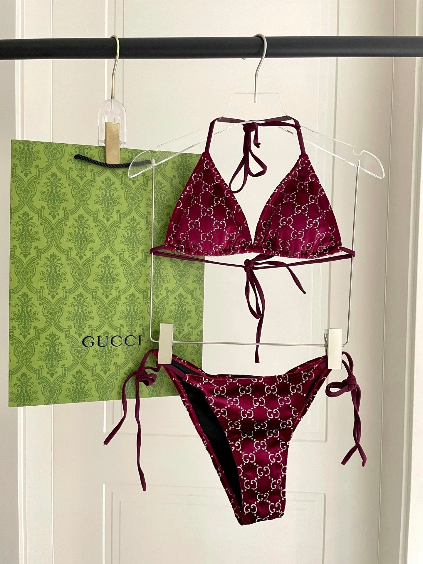 Gucci Swimsuit Full Jacquard Print logo Bikini Two-Piece Swimsuit Sexy Small Chest Gathered Beach Pool Vacation Hot Spring Backless White Women's Swimwear