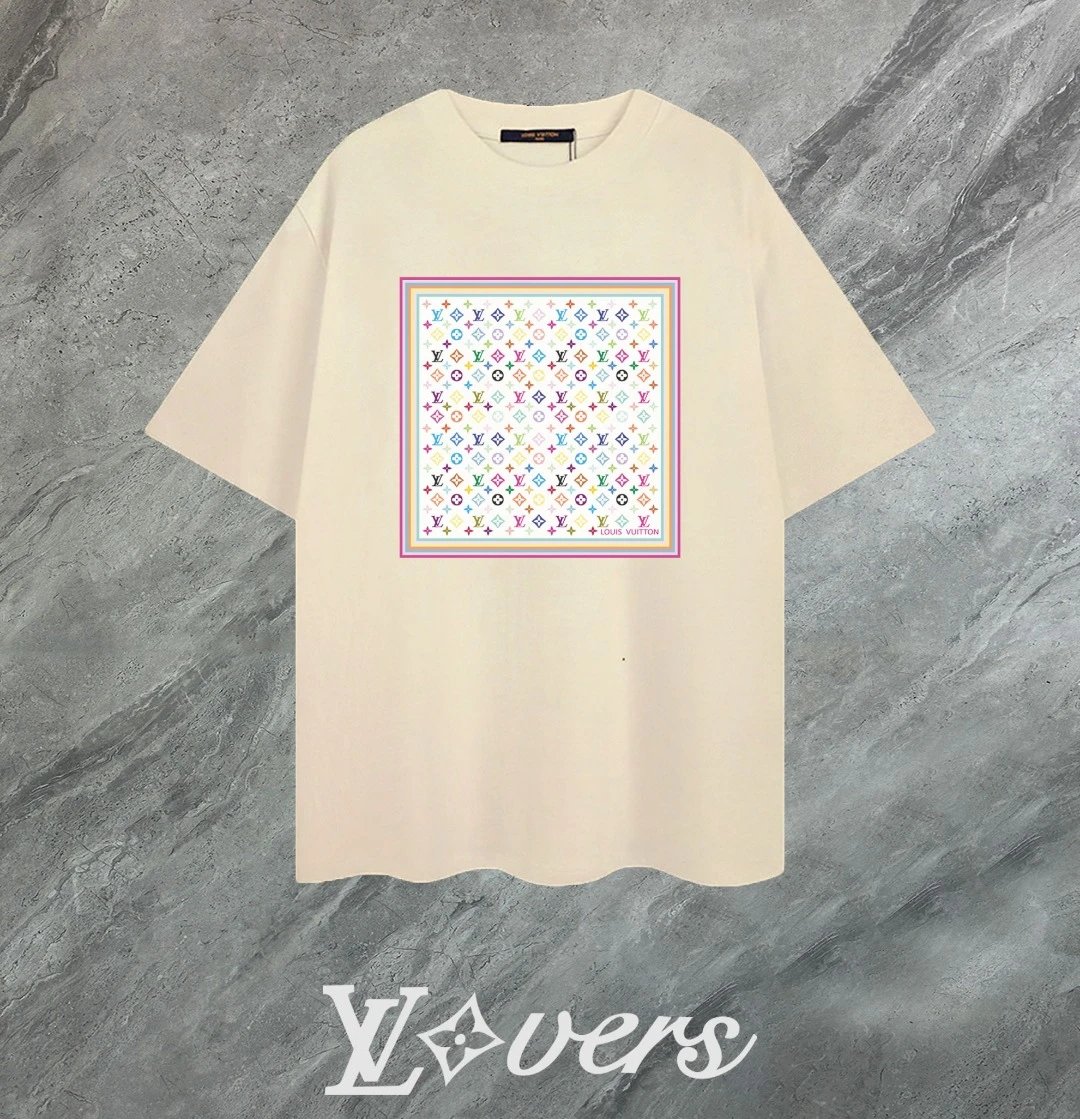 Louis Vuitton LV T-shirt Square Colorful Mesh Print on the Chest logo round Neck Short Sleeve25ss New pure cotton T Unisex T-Shirt OS Loose Fit Base Shirt Top Half Sleeve T-Shirt