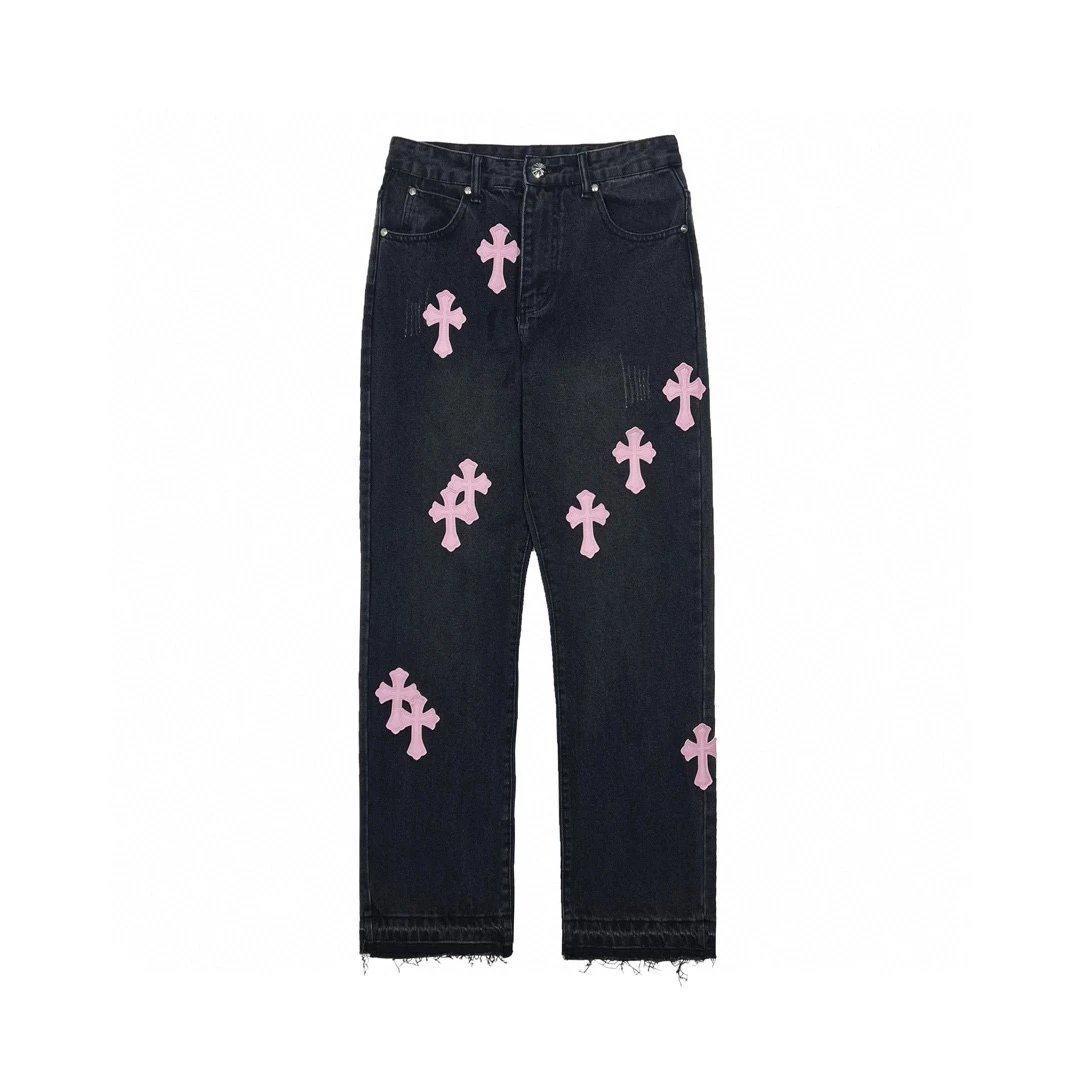 Chrome Hearts Jeans Top Version Straight Cross Jeans Women Retro Leisure Washed-out High Waist Wide Leg Pants