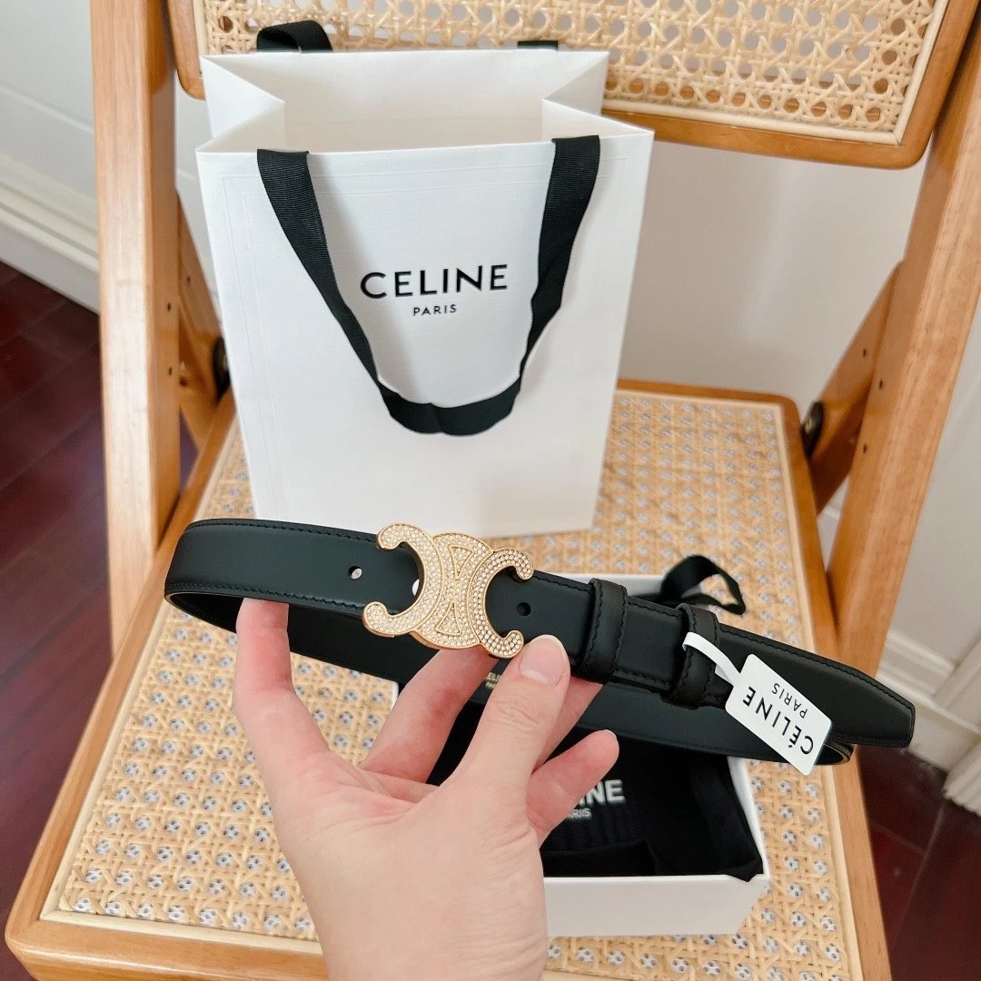 Celine Belt Top version Original Order in Stock Classic Triumph Door Latch Women's Belt Italy Imported Double-Sided Calfskin Retro Bright Gold Brass Buckle Belt Women's Width2.5Belt Female Women's Belt