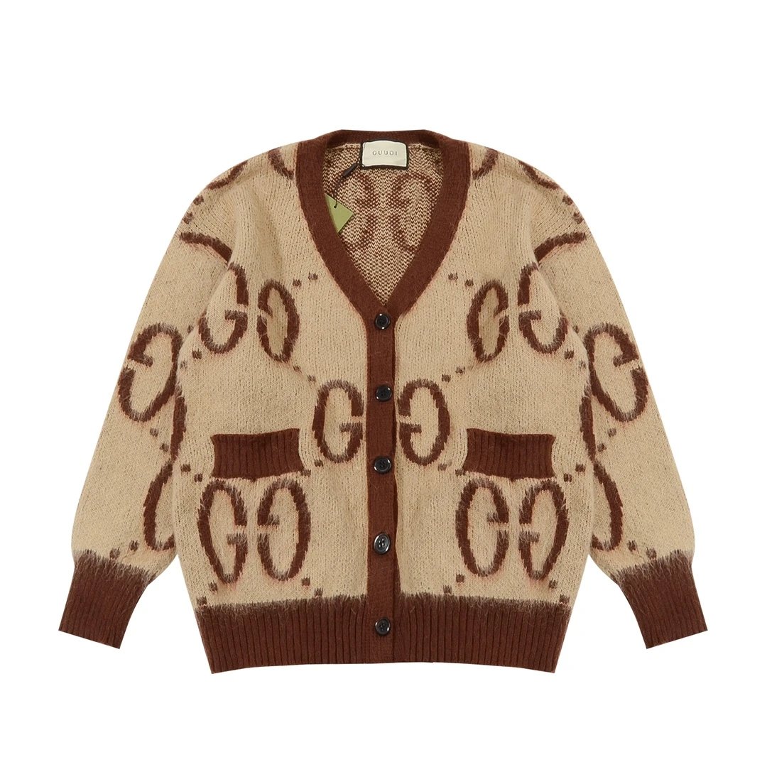 Gucci Sweater Classic Pair G Full Print Jacquard Khaki Couple Mohair Knit Cardigan Sweater Unisex Outerwear Long Sleeve Soft Lazy Style OS Loose Fit Thickened Jacket for Versatile Casual Wear