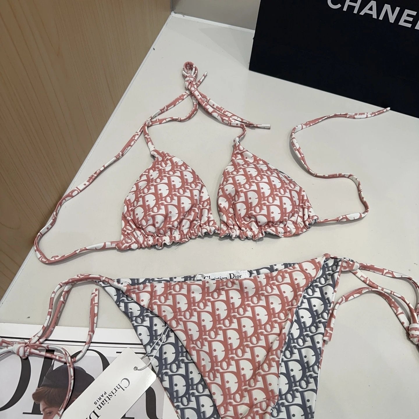 Dior Swimsuit Full Print Jacquard Bikini Two-Piece Swimsuit Sexy Backless White Small Chest Gathered Beach Pool Women's Swimwear Vacation Hot Spring