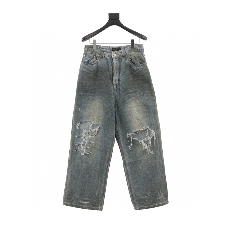 Balenciaga Jeans Erosion Mud Dyed Old Big Damage Knife Cut Jeans Men and Women Same Style