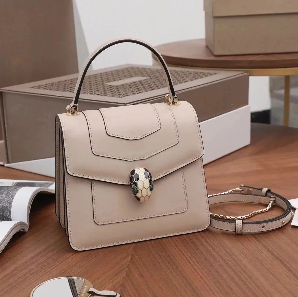 BVLGARI Bag Top version SerpentiForever Milk Tea Handbag Cowhide Bag Decorated with a Snake's Head File Holder Chain Bag Portable Shoulder Messenger Bag Women's Bag