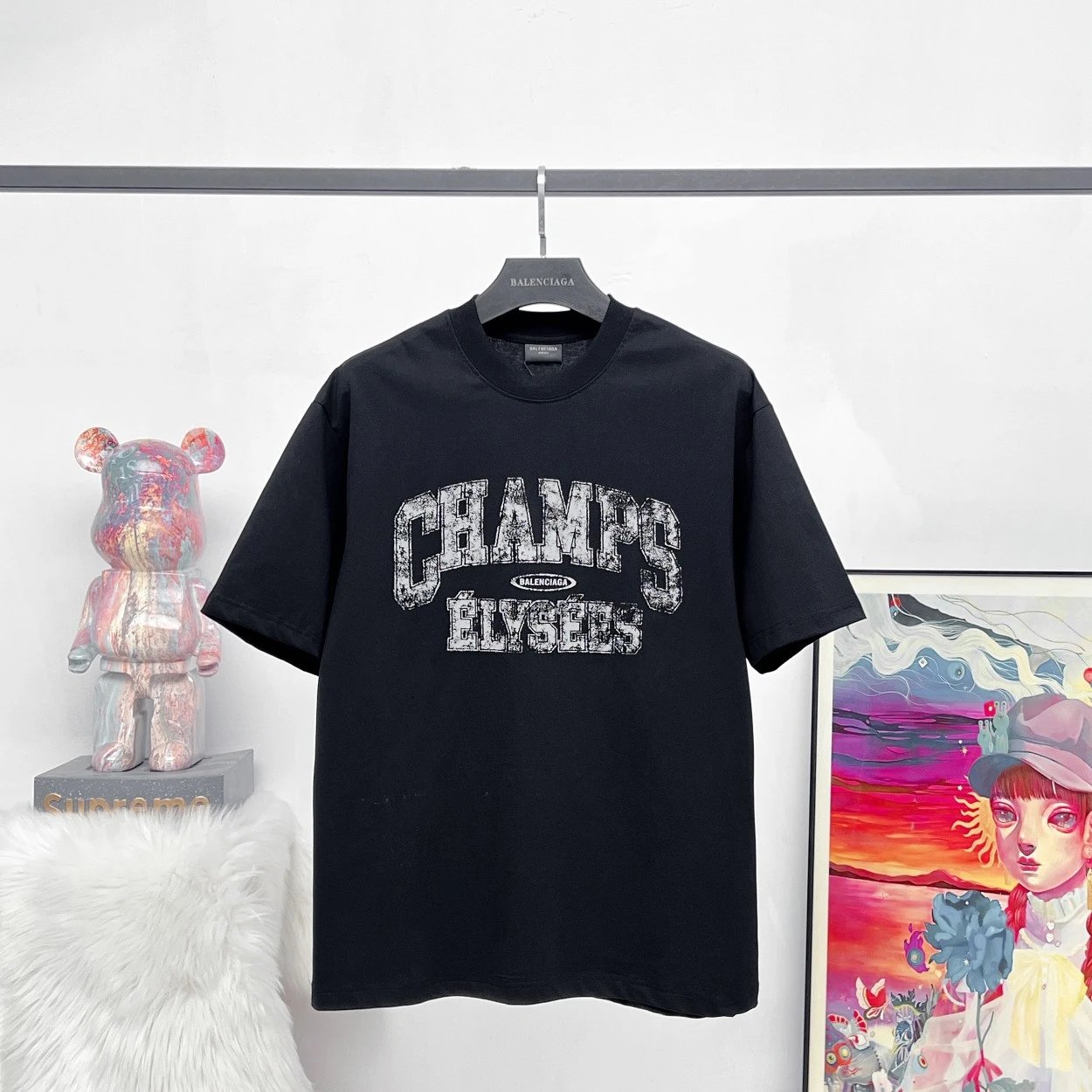 Balenciaga T-shirt CHAMPS Fuzzy Letter Color Block Print logo round Neck Short Sleeve25ss New pure cotton T Unisex T-Shirt OS Loose Fit Base Shirt Top T-Shirt Short Sleeve