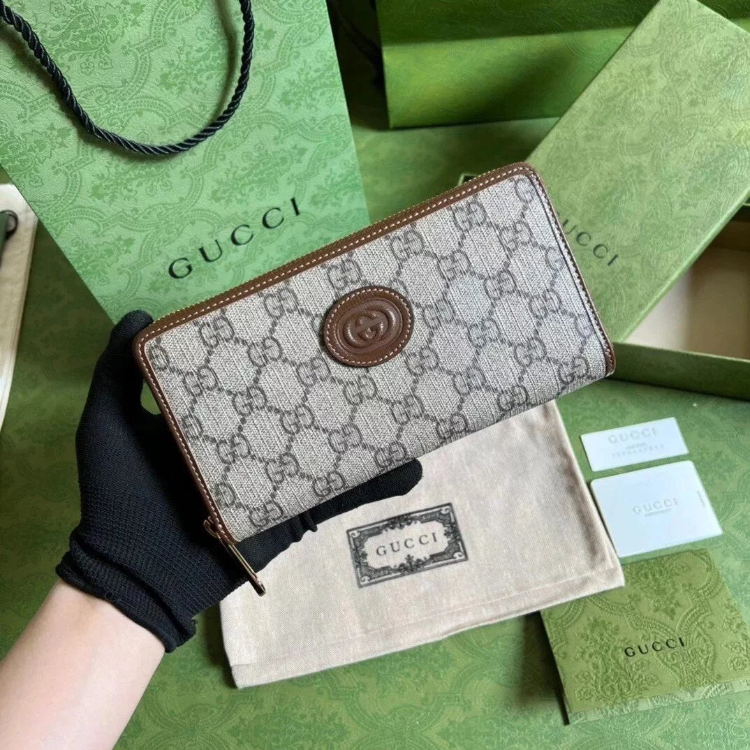 Gucci Wallet Top version New Series Men's and Women's Same Zipper Long Purse Wallet Brown/pvc Model:673003