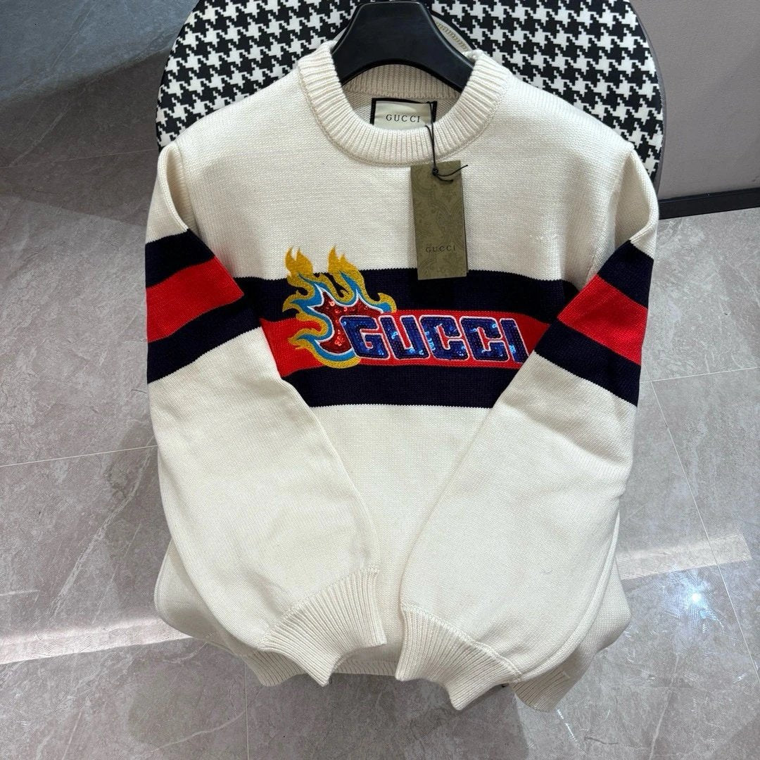 Gucci Sweater American College Style Retro Round Neck Sweater with Interlocking Buttons on the Chest g Flame Letter Towel Embroidery logo Unisex Jacket